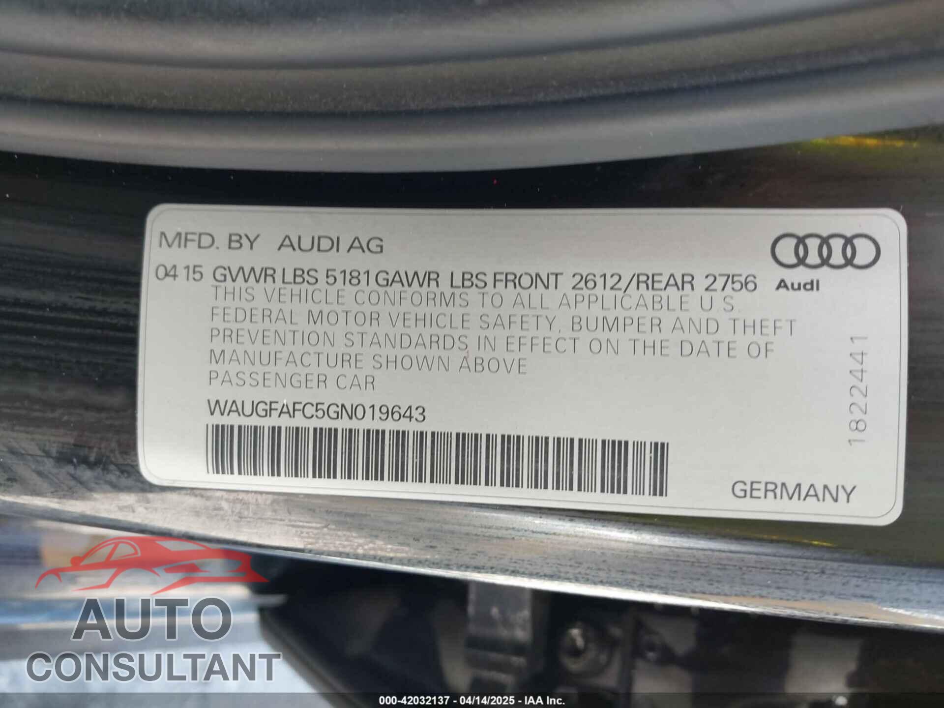 AUDI A6 2016 - WAUGFAFC5GN019643