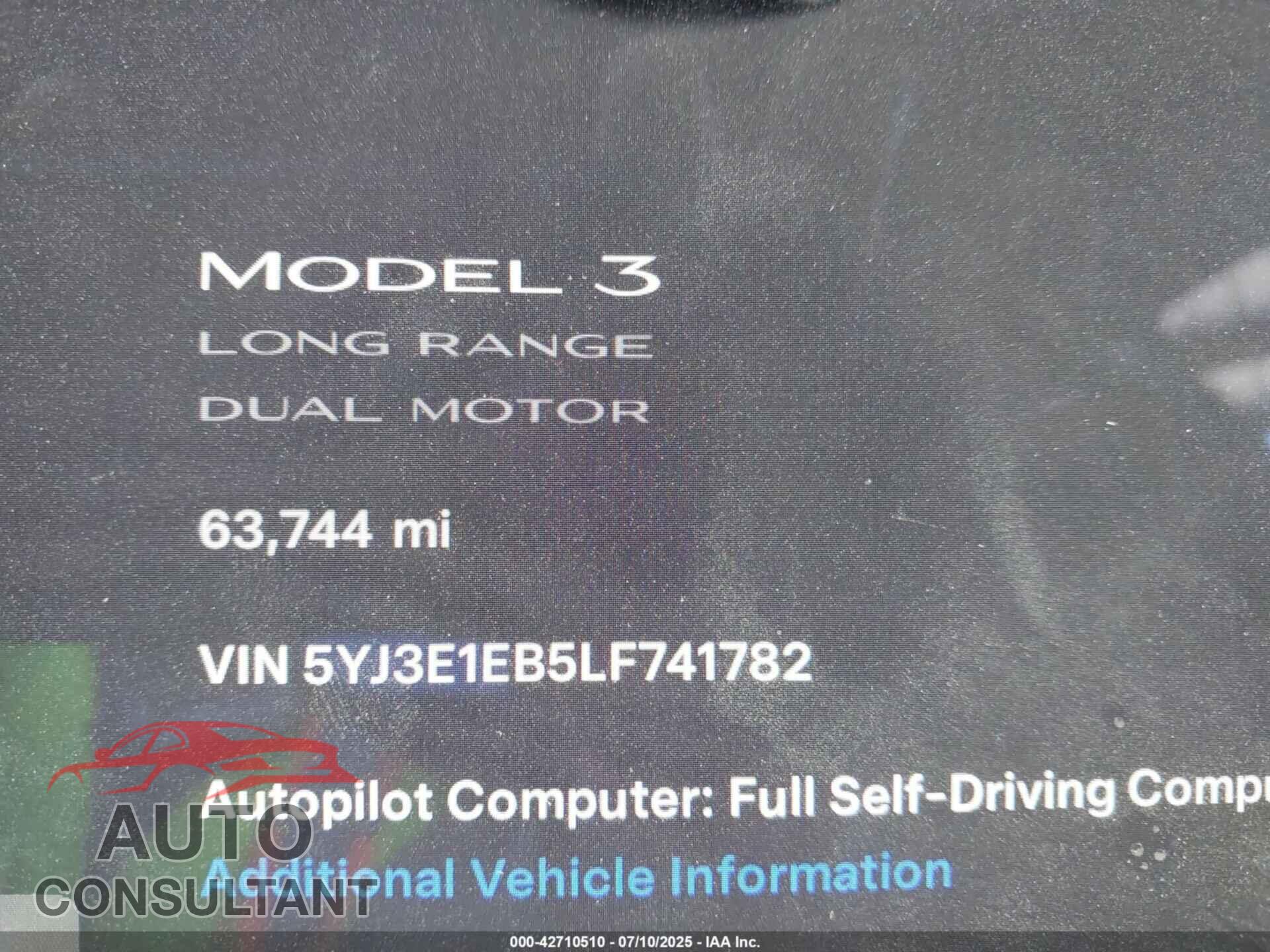 TESLA MODEL 3 2020 - 5YJ3E1EB5LF741782