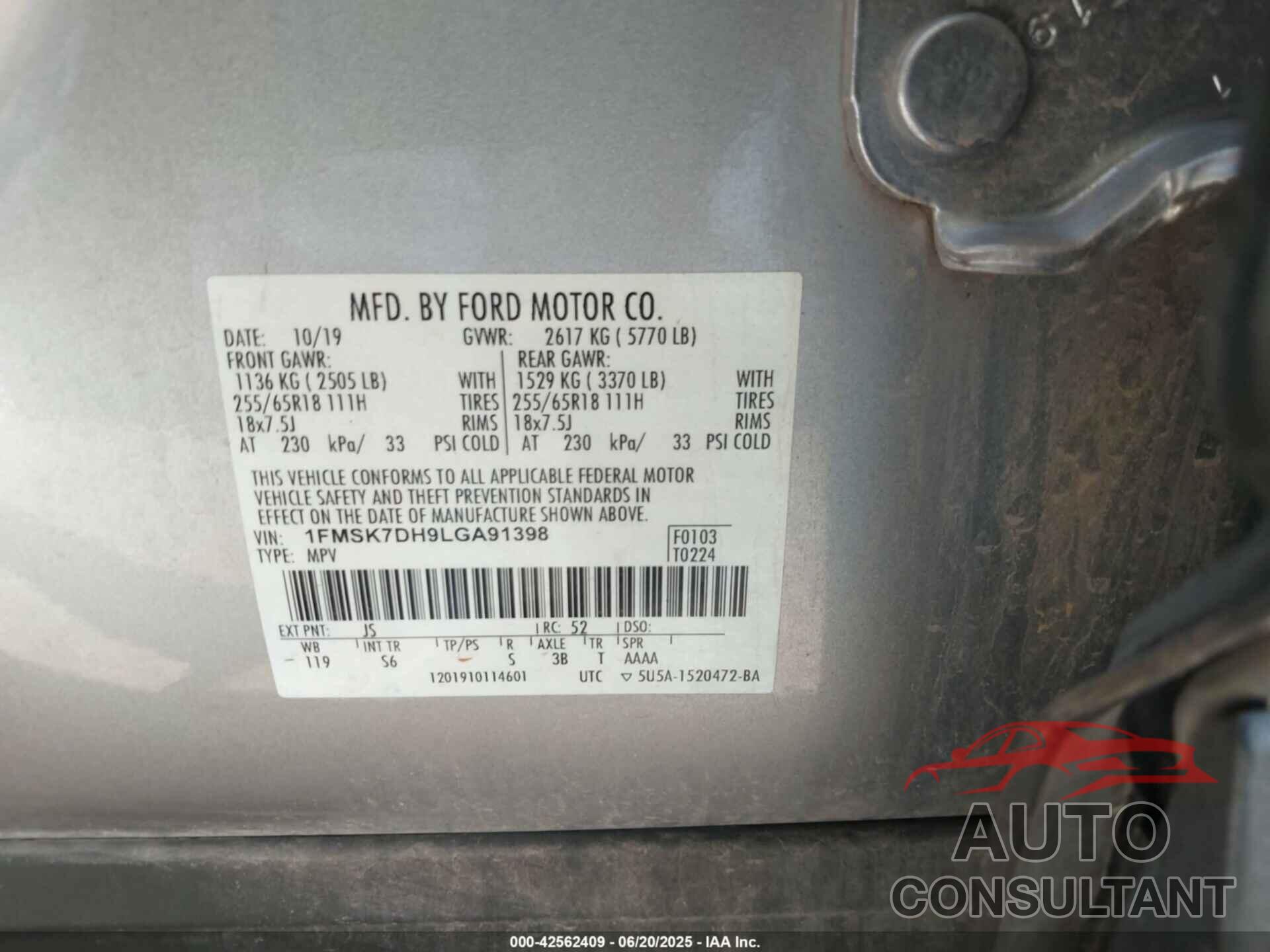 FORD EXPLORER 2020 - 1FMSK7DH9LGA91398