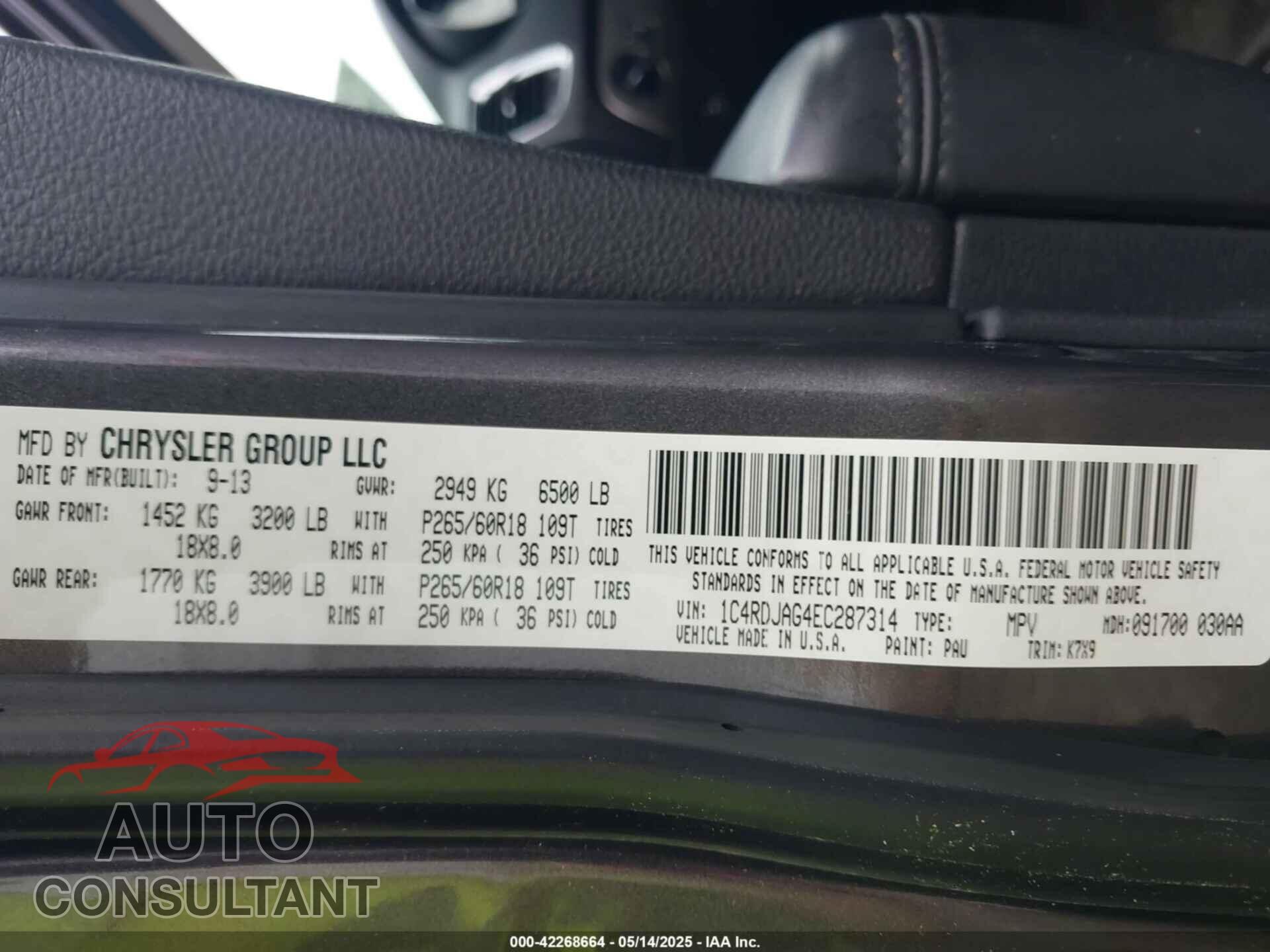 DODGE DURANGO 2014 - 1C4RDJAG4EC287314