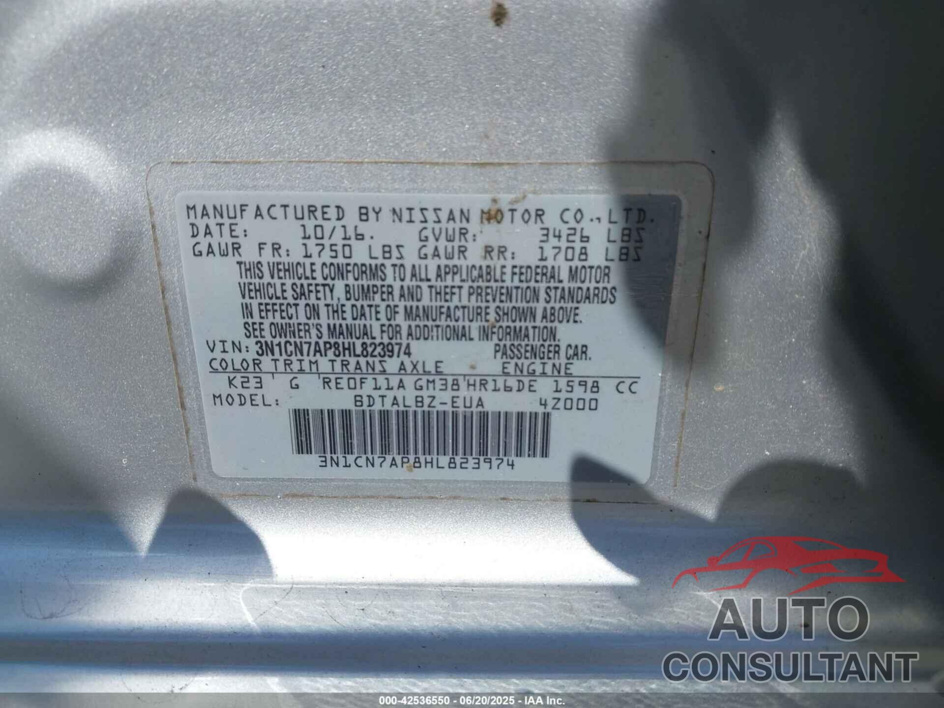 NISSAN VERSA 2017 - 3N1CN7AP8HL823974