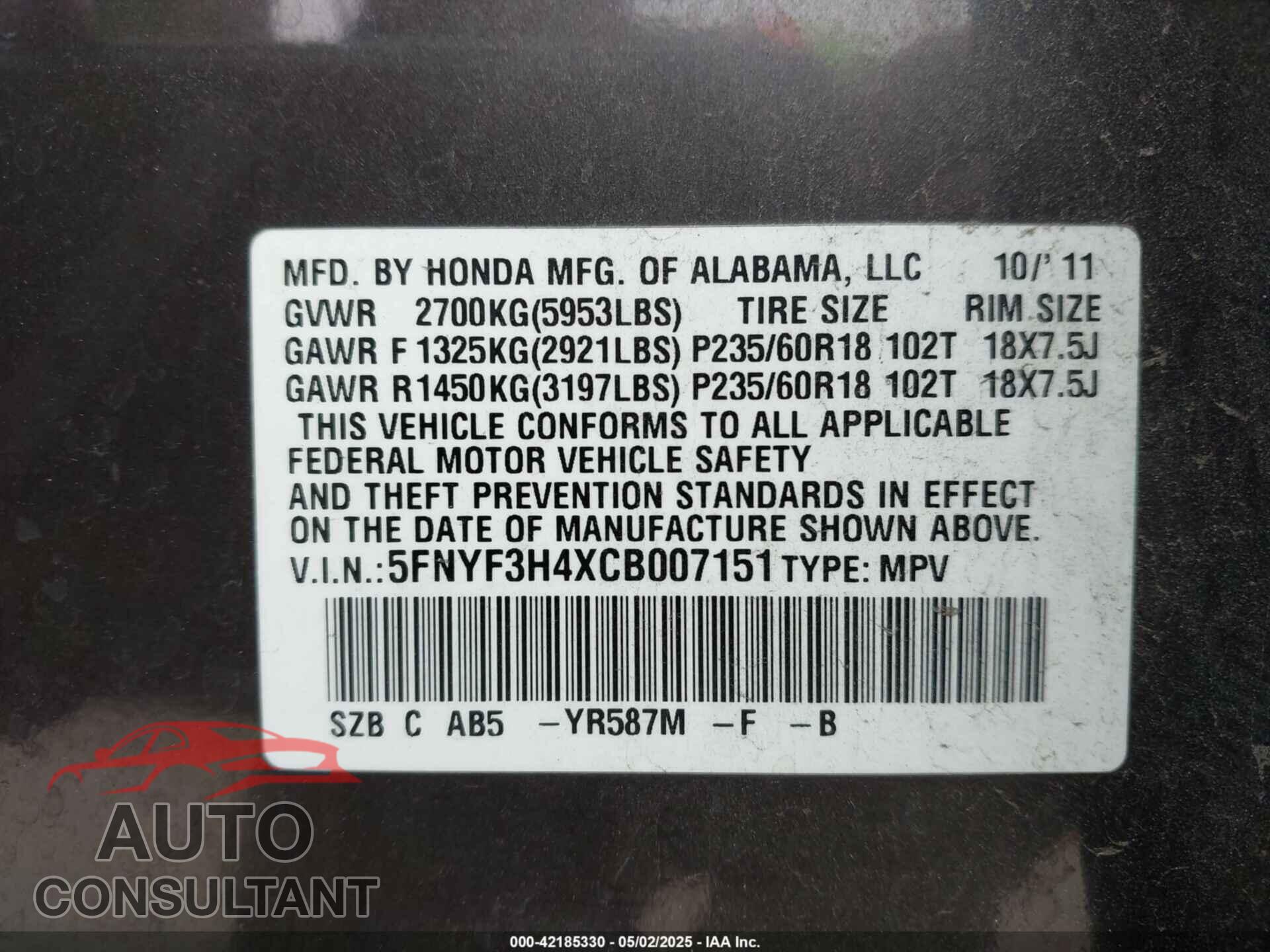 HONDA PILOT 2012 - 5FNYF3H4XCB007151