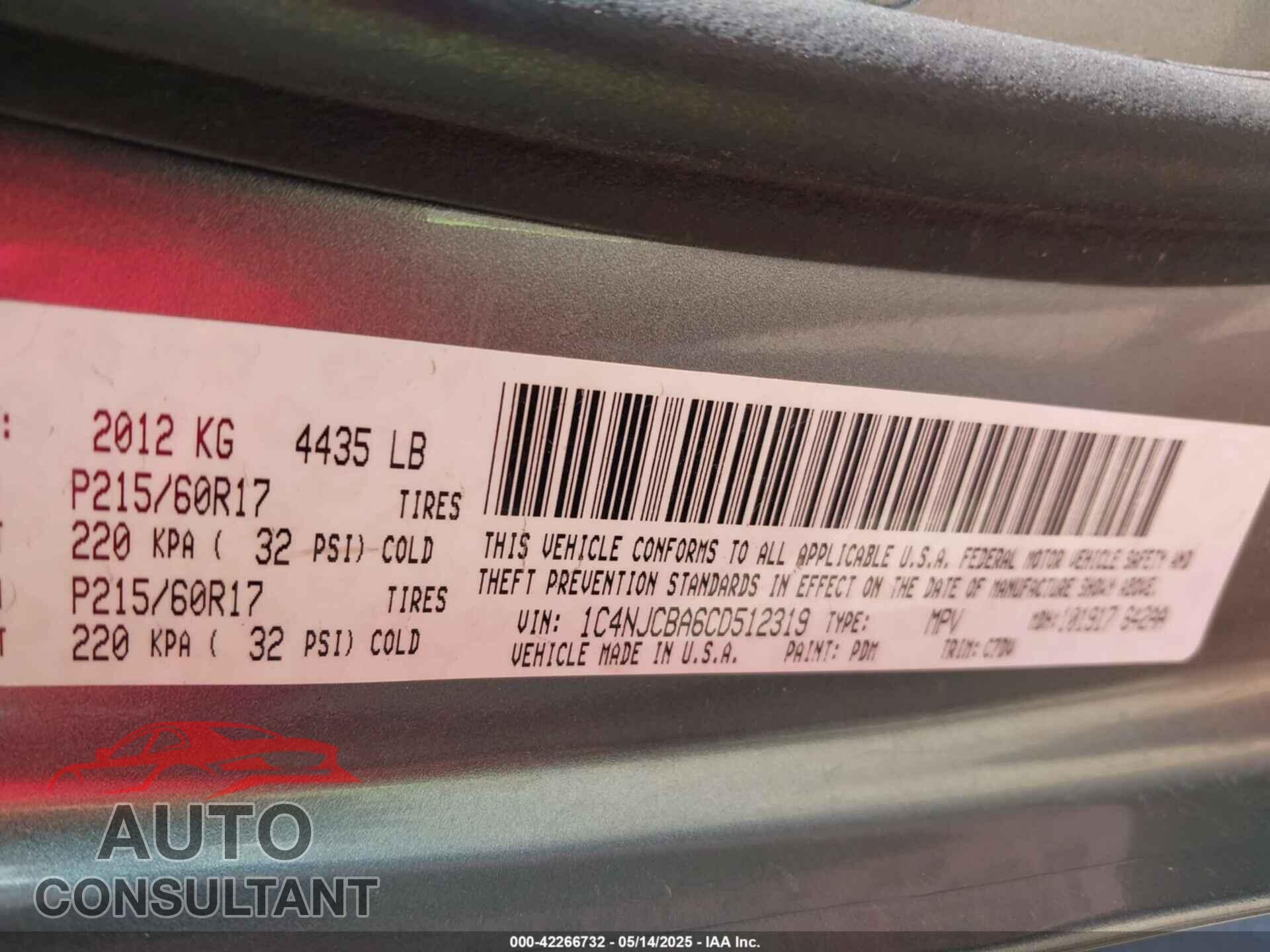 JEEP COMPASS 2012 - 1C4NJCBA6CD512319