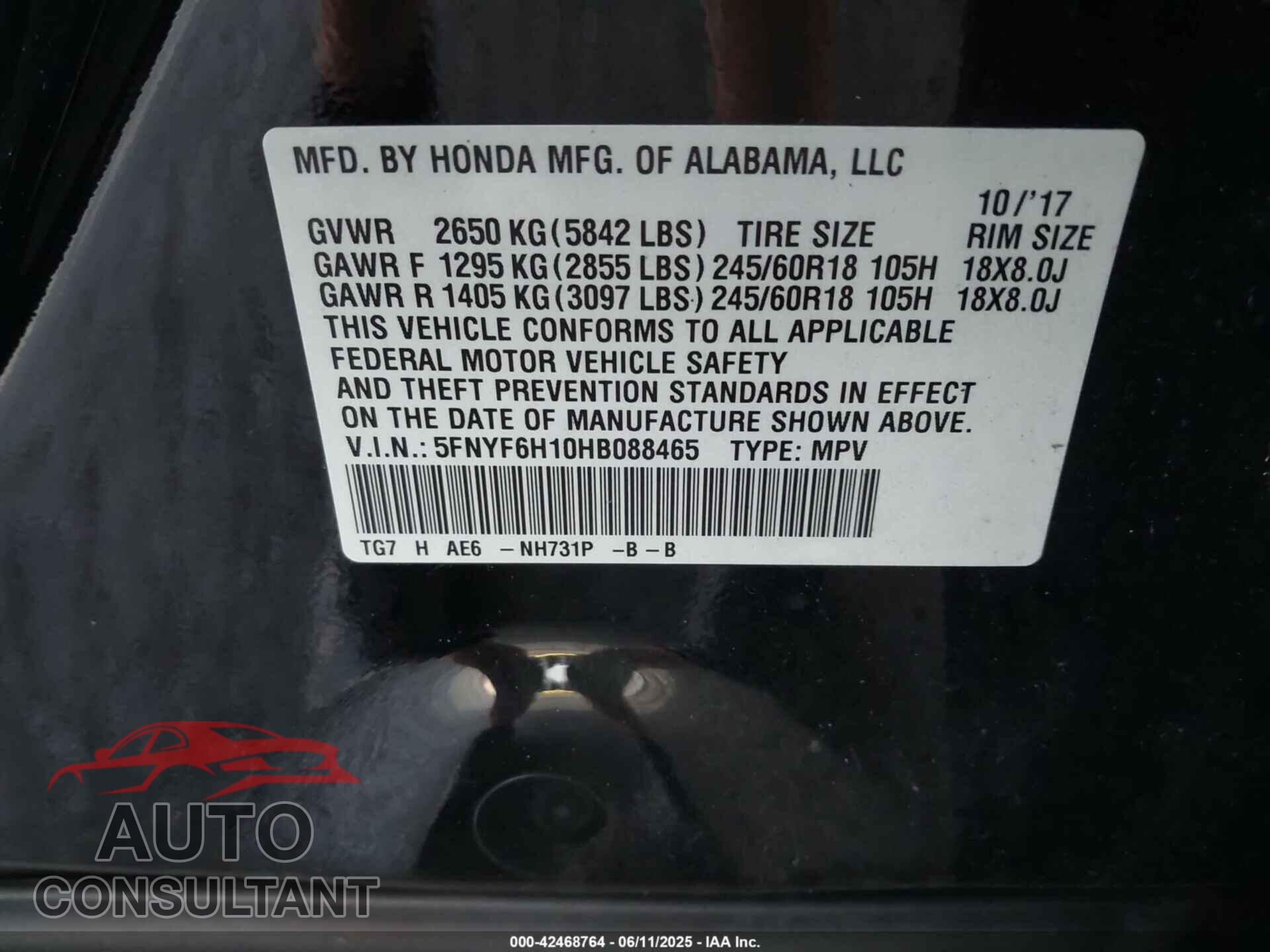HONDA PILOT 2017 - 5FNYF6H10HB088465