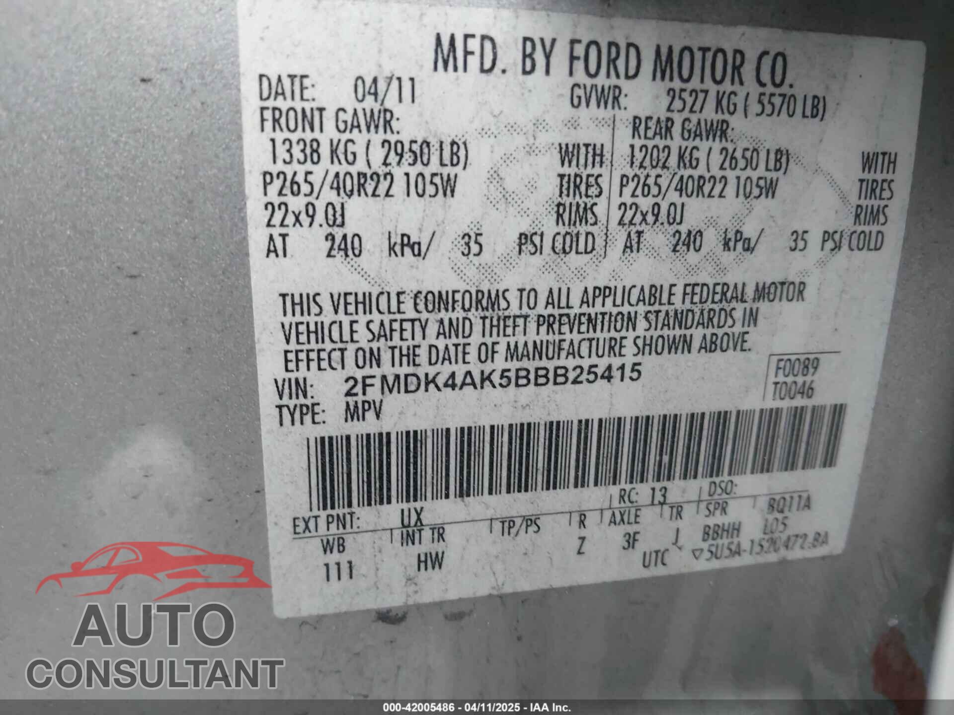 FORD EDGE 2011 - 2FMDK4AK5BBB25415