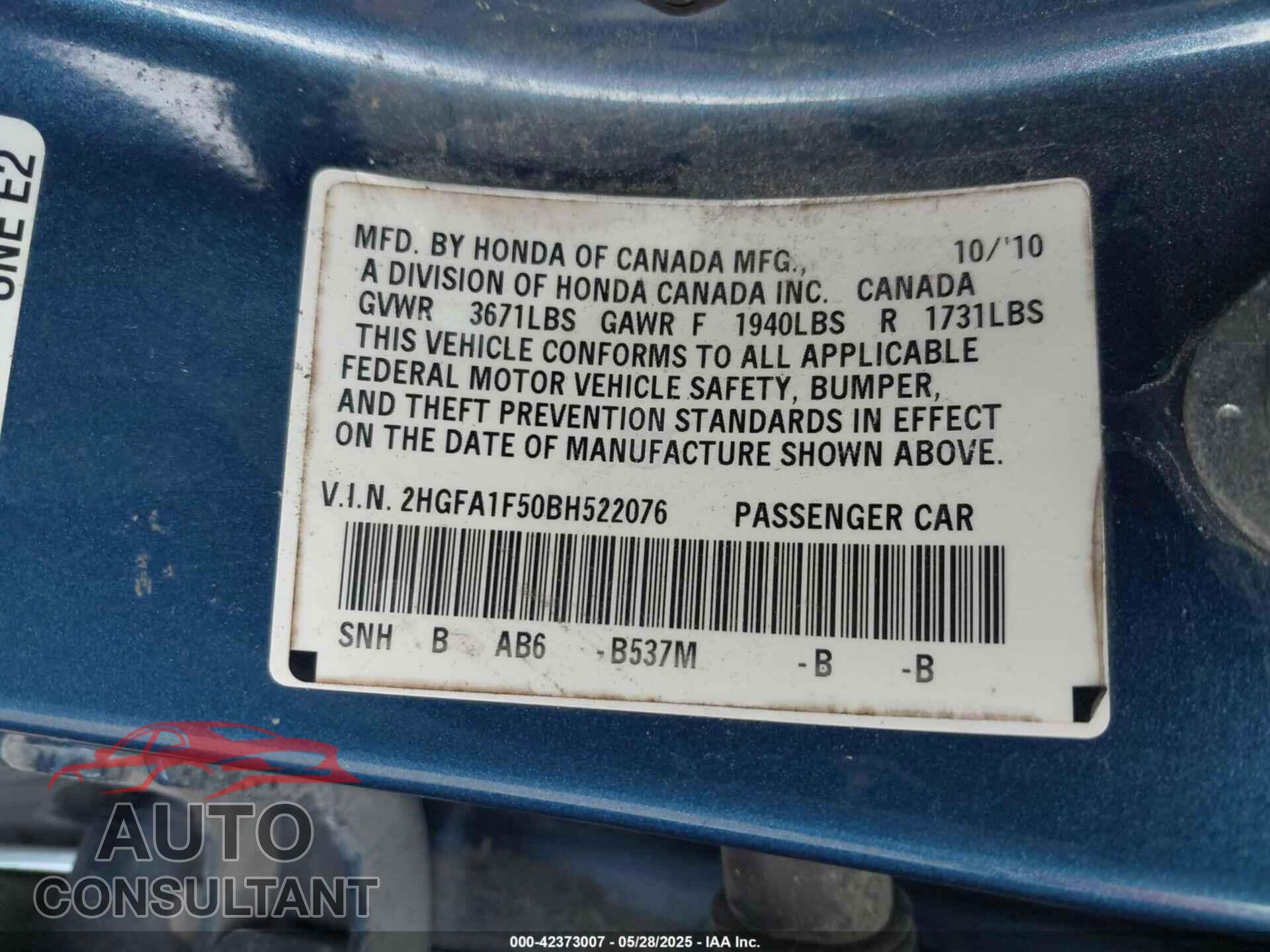 HONDA CIVIC 2011 - 2HGFA1F50BH522076