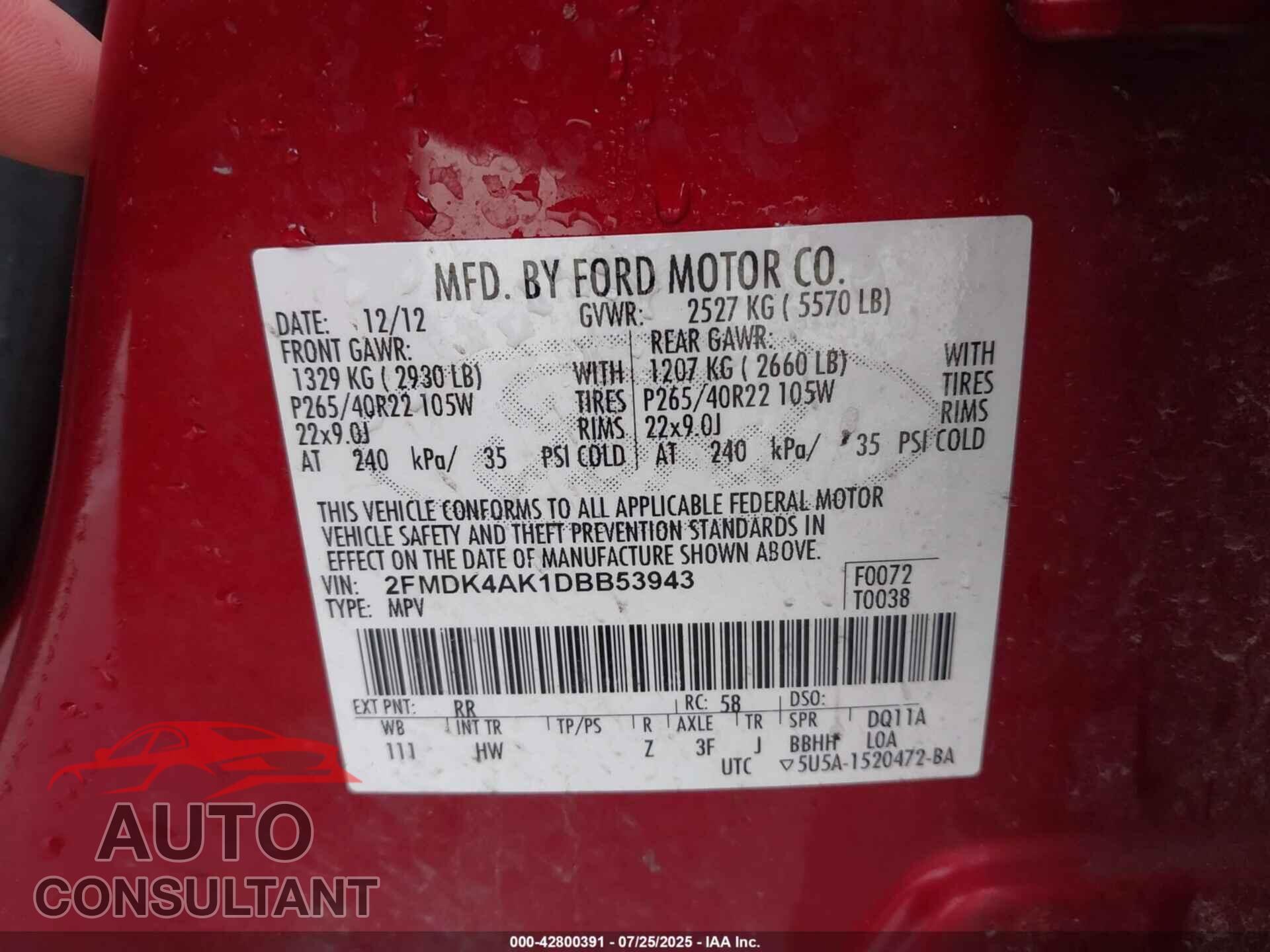 FORD EDGE 2013 - 2FMDK4AK1DBB53943