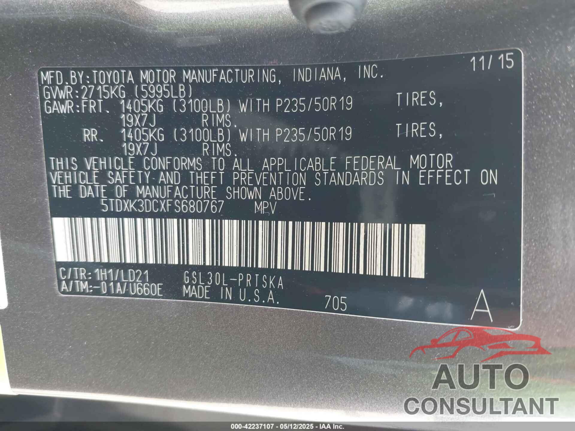 TOYOTA SIENNA 2015 - 5TDXK3DCXFS680767