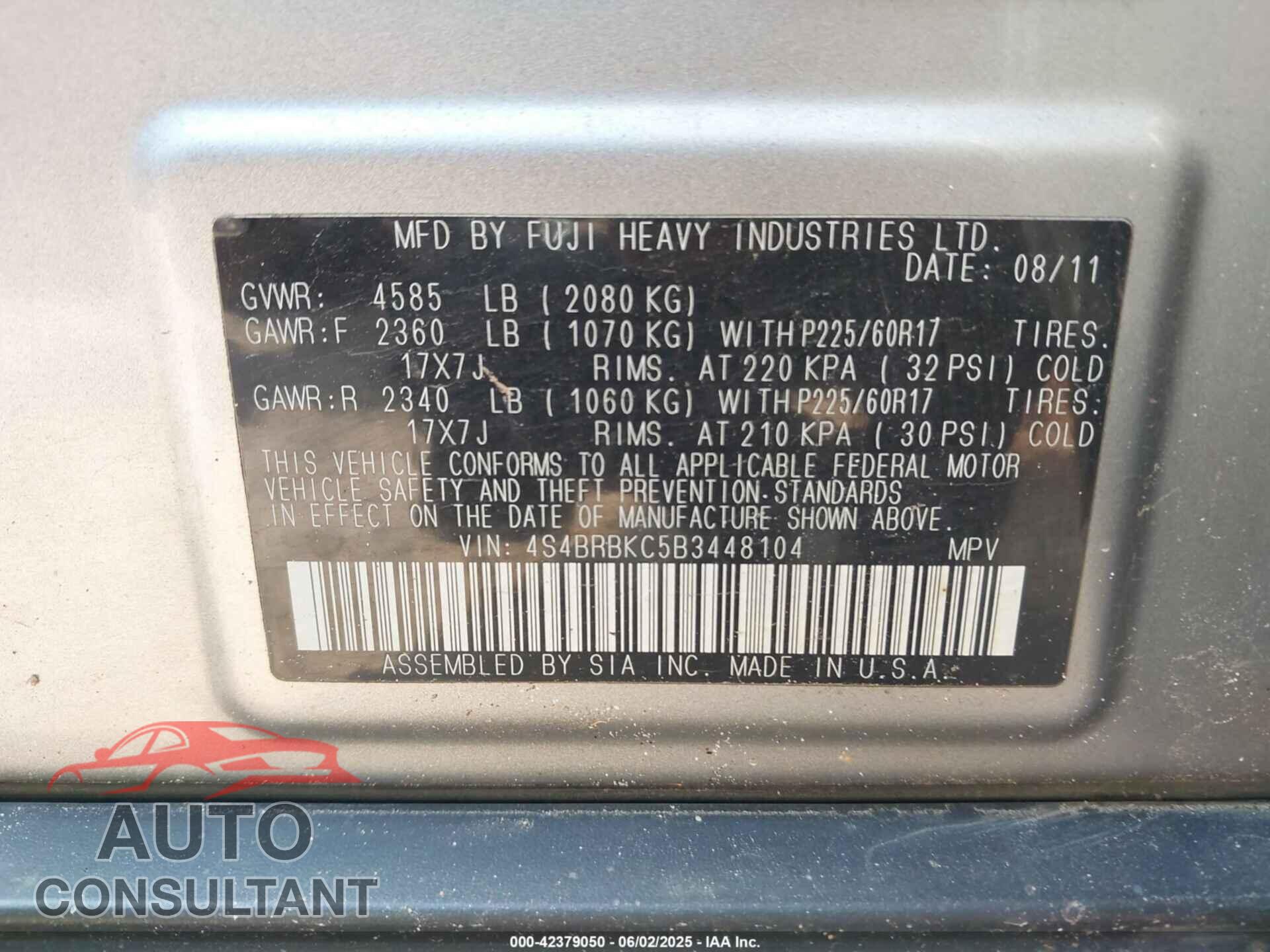 SUBARU OUTBACK 2011 - 4S4BRBKC5B3448104