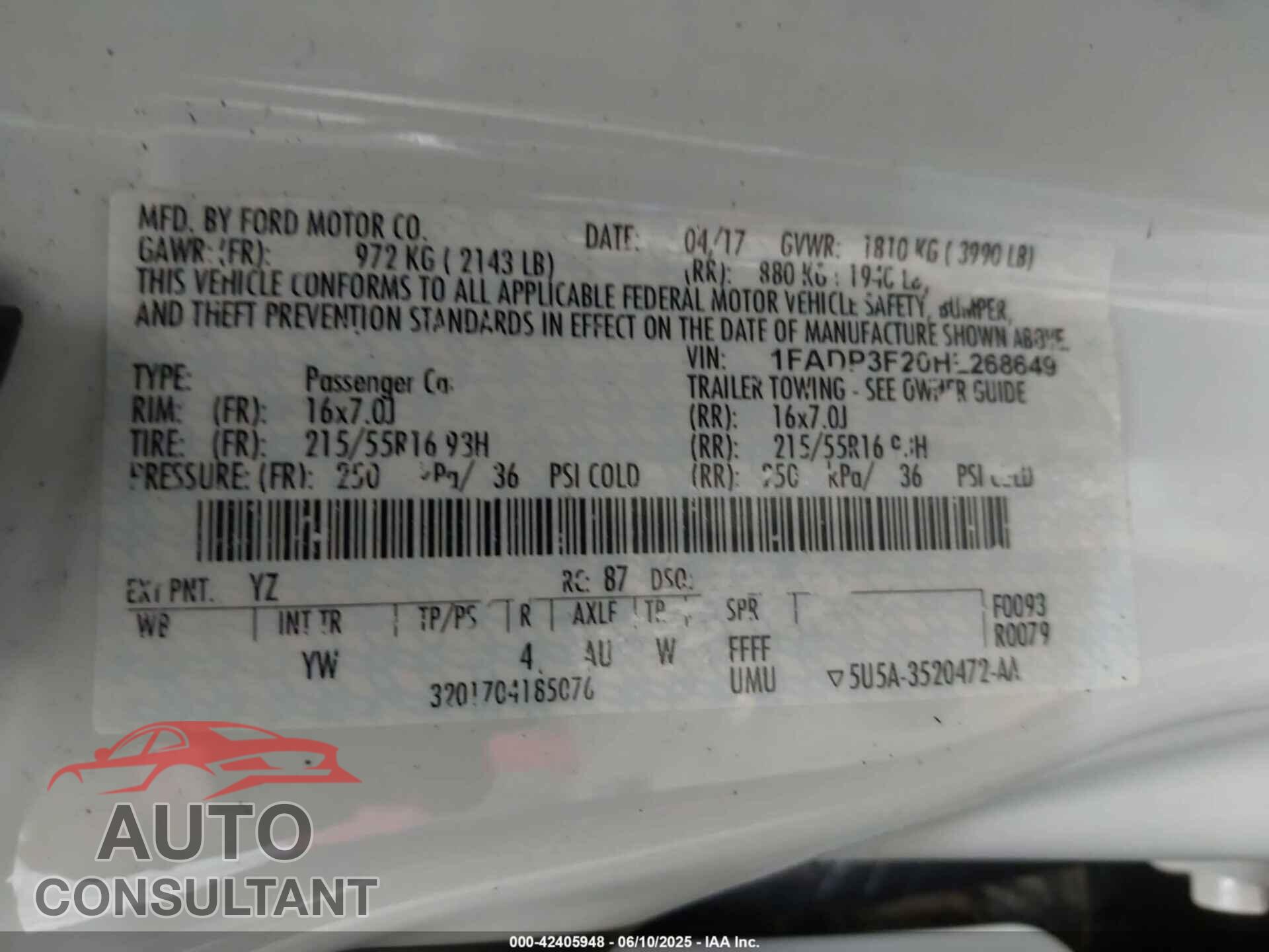 FORD FOCUS 2017 - 1FADP3F20HL268649