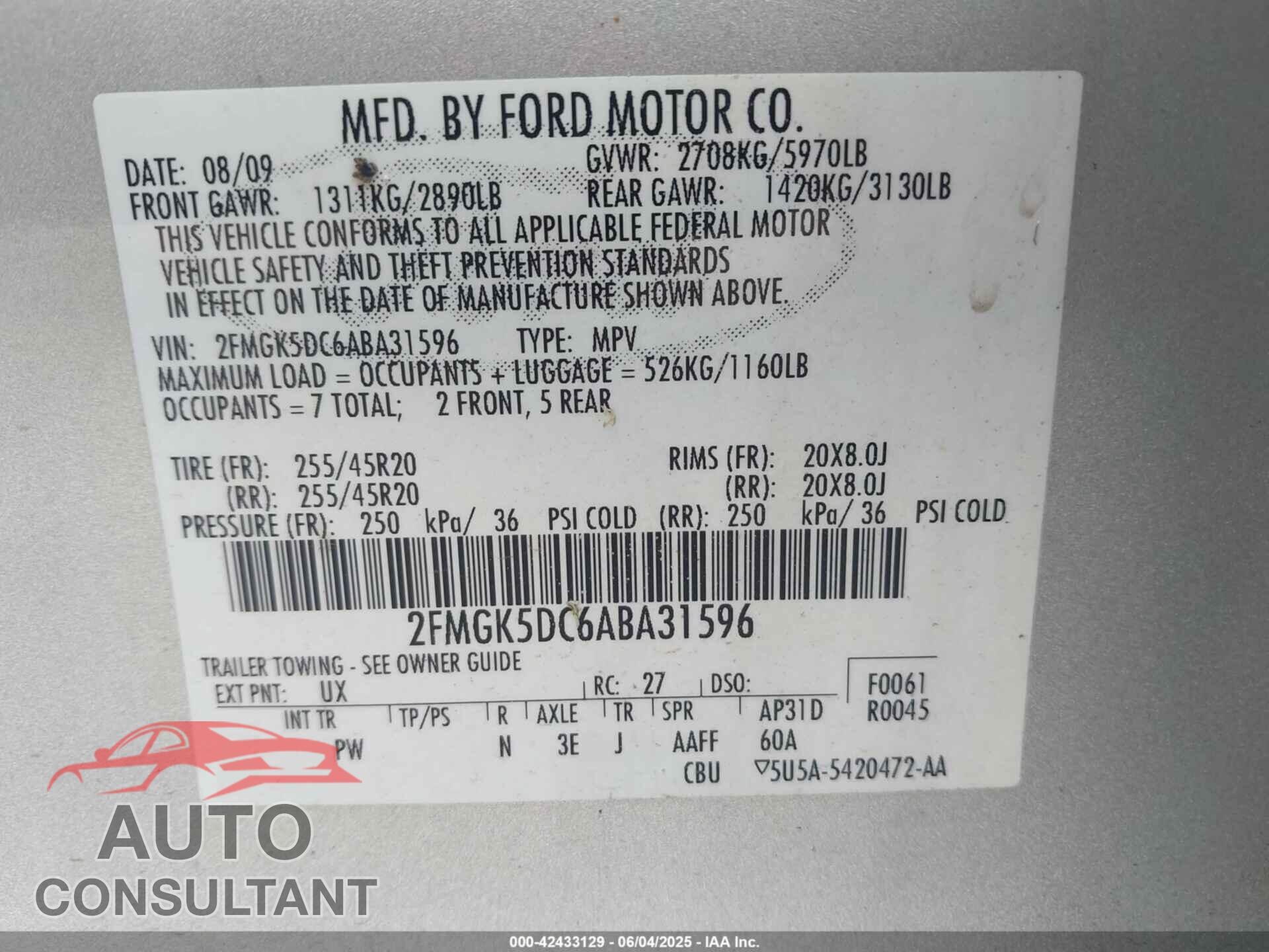 FORD FLEX 2010 - 2FMGK5DC6ABA31596