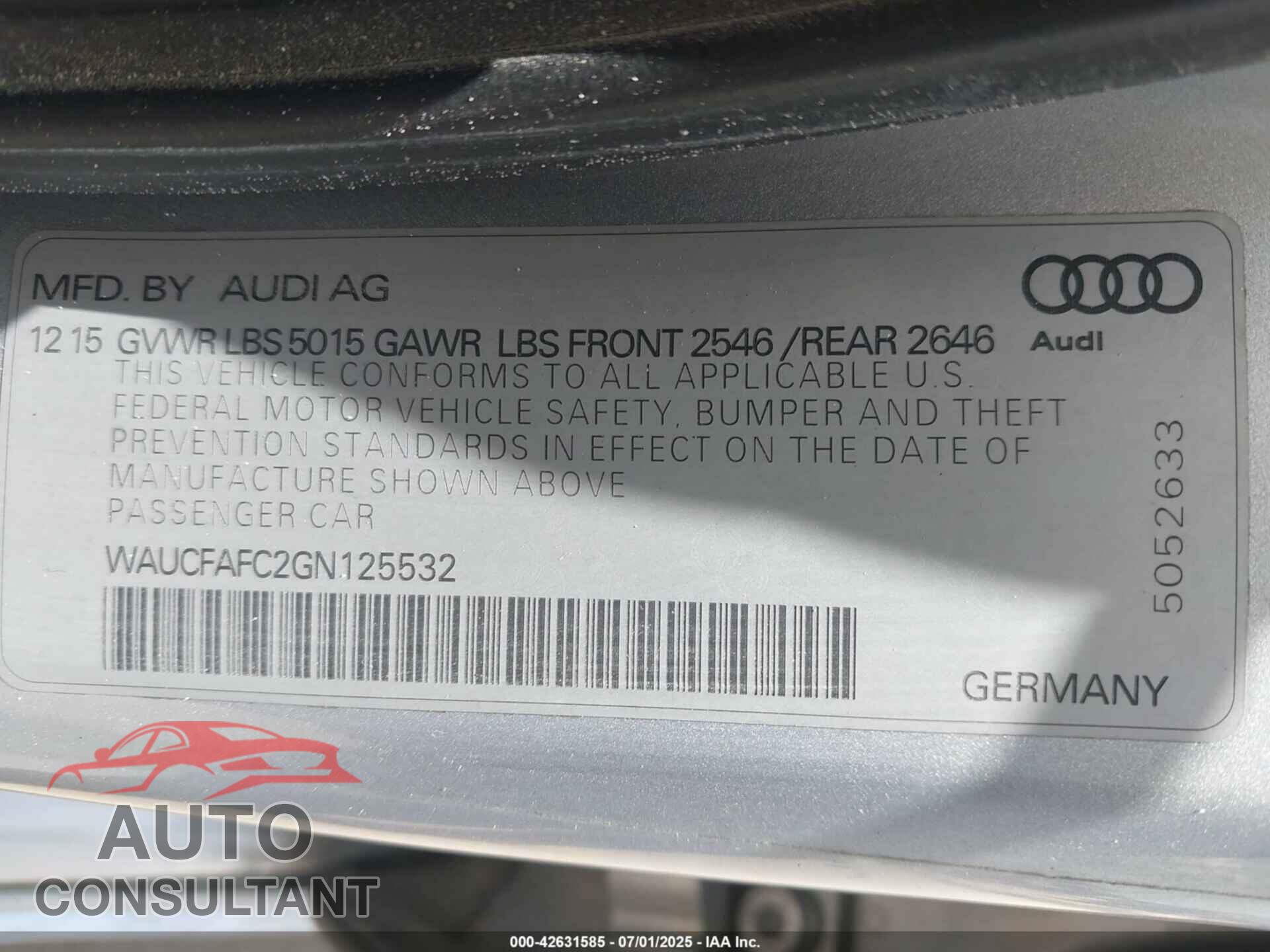 AUDI A6 2016 - WAUCFAFC2GN125532