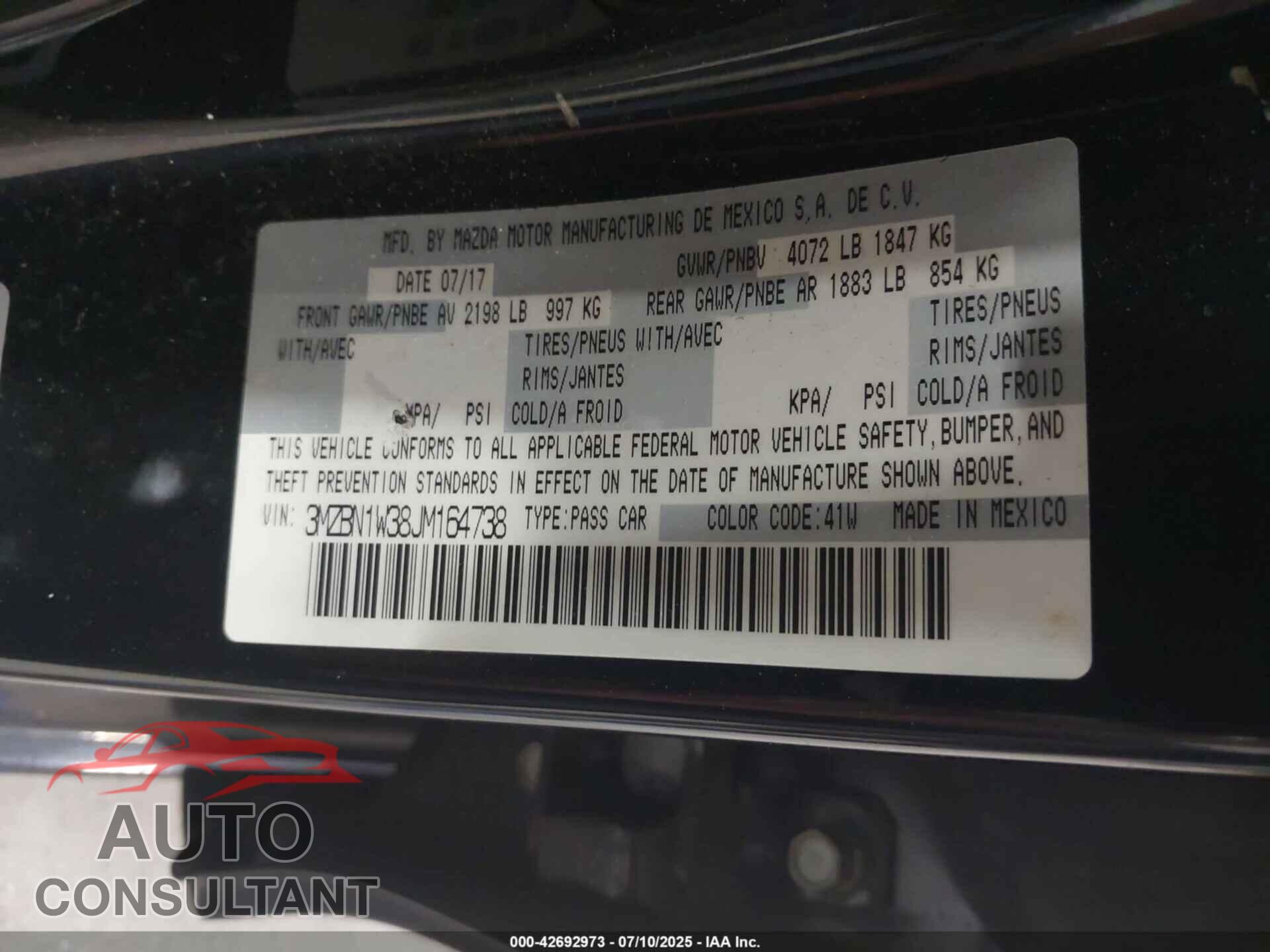 MAZDA MAZDA3 2018 - 3MZBN1W38JM164738