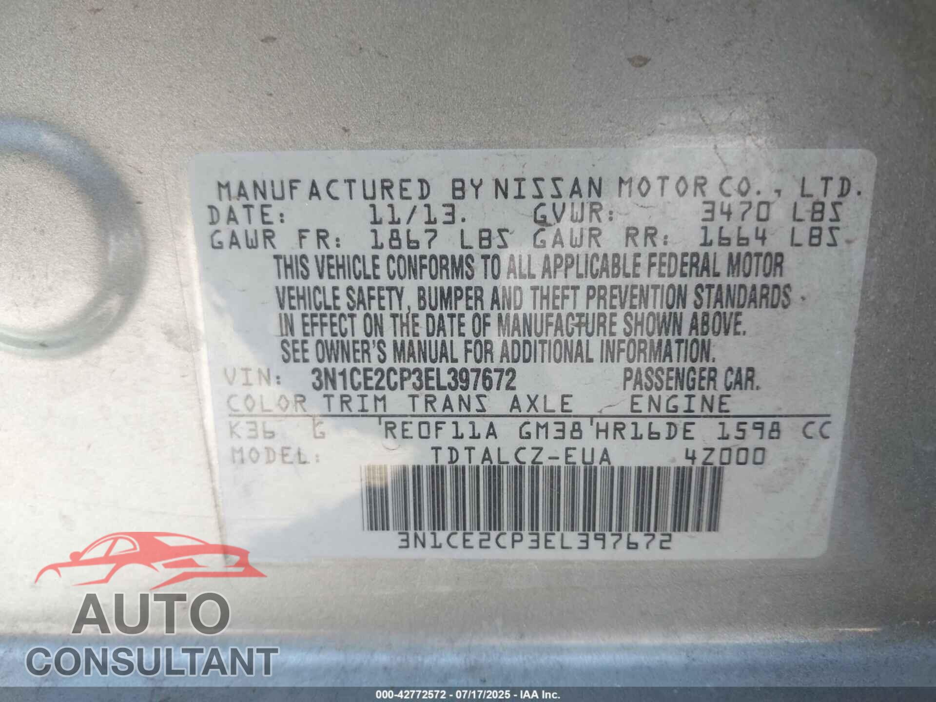 NISSAN VERSA NOTE 2014 - 3N1CE2CP3EL397672