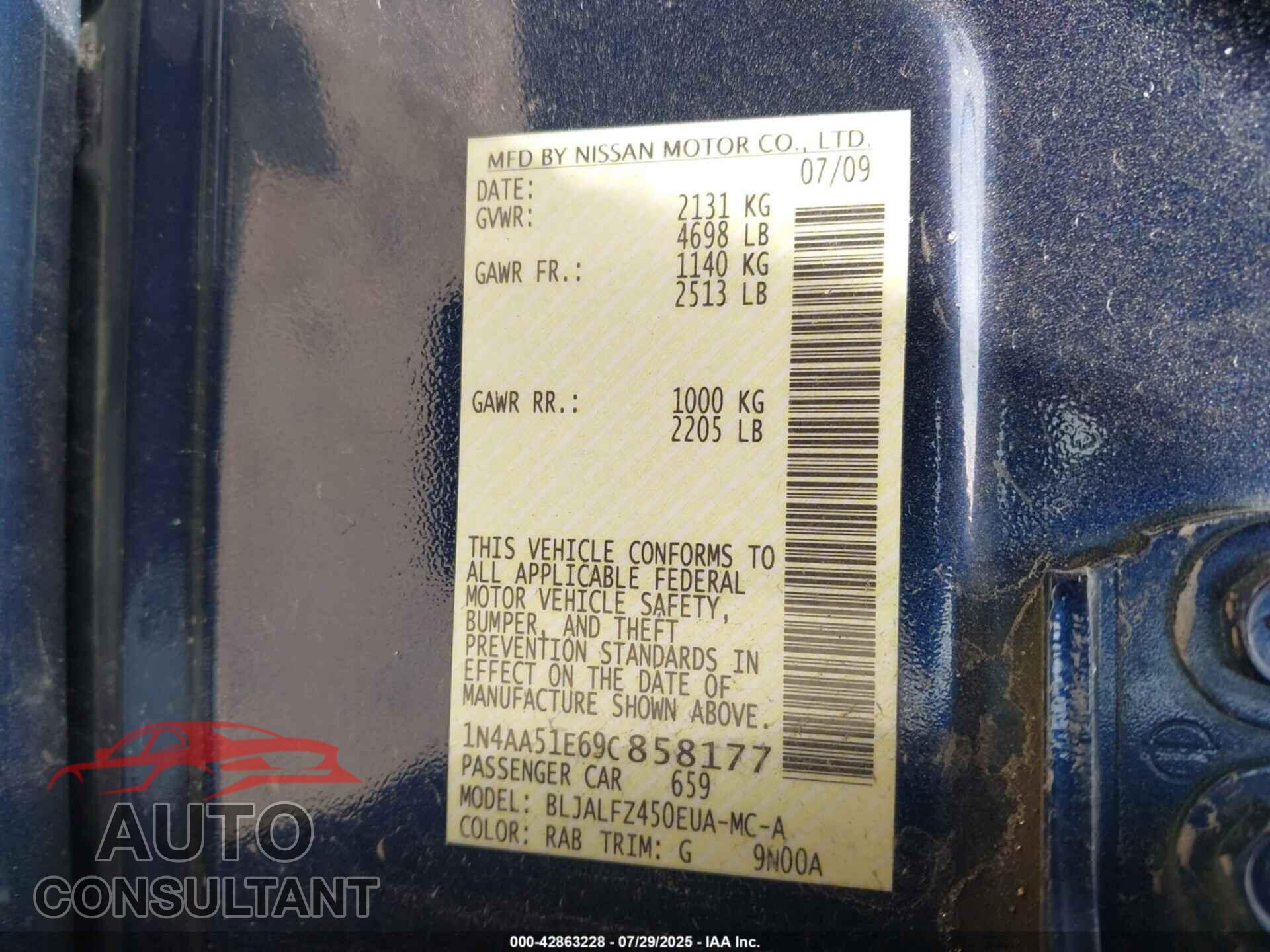 NISSAN MAXIMA 2009 - 1N4AA51E69C858177