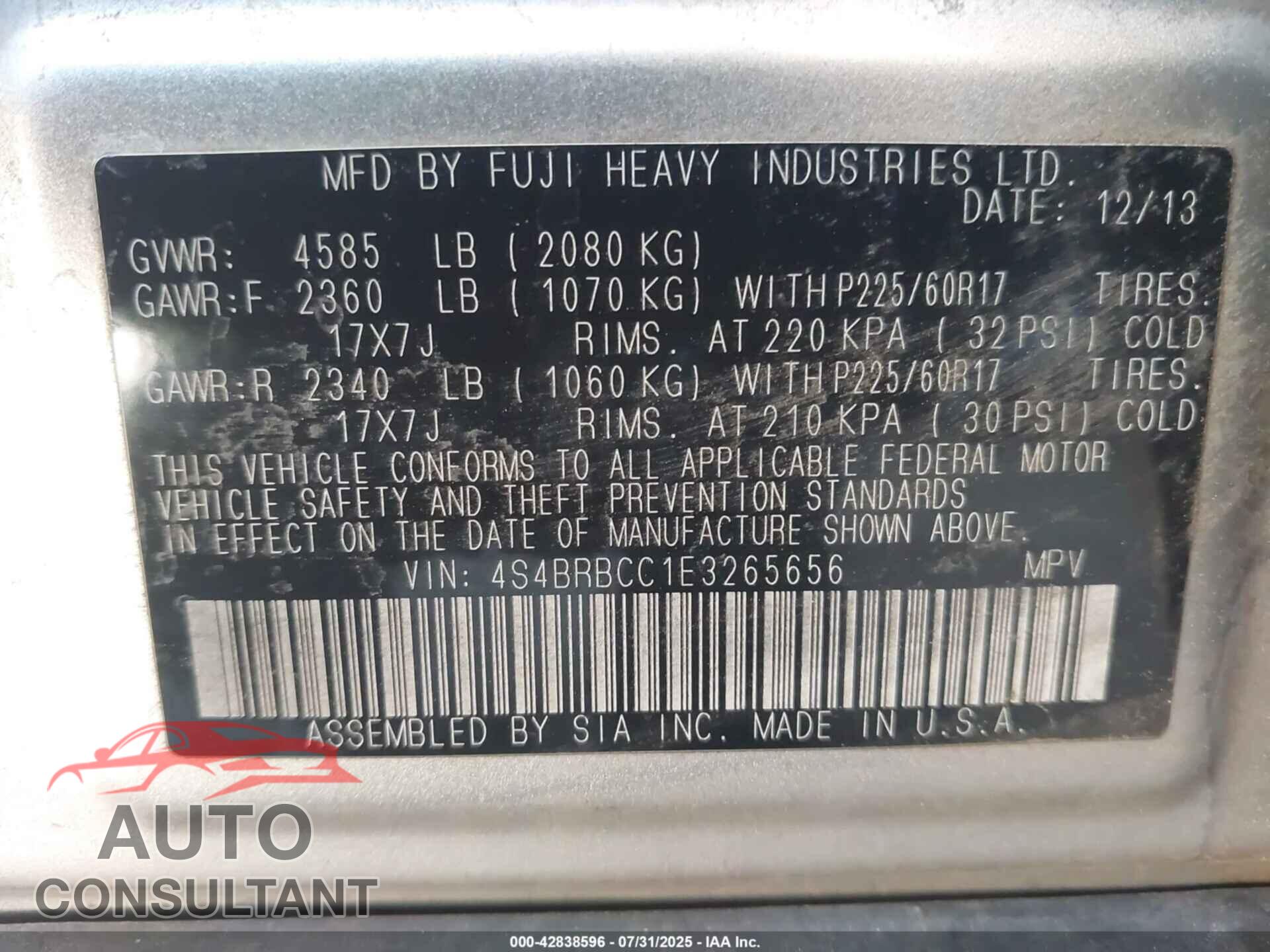 SUBARU OUTBACK 2014 - 4S4BRBCC1E3265656