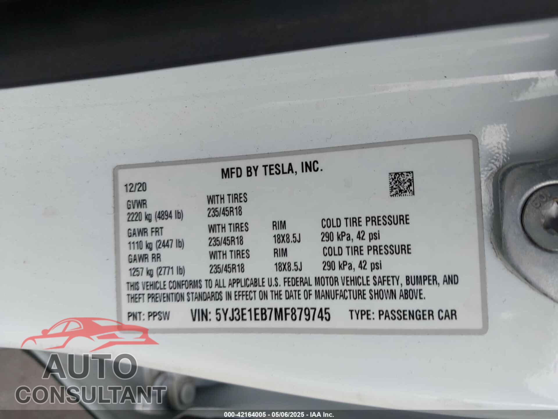 TESLA MODEL 3 2021 - 5YJ3E1EB7MF879745
