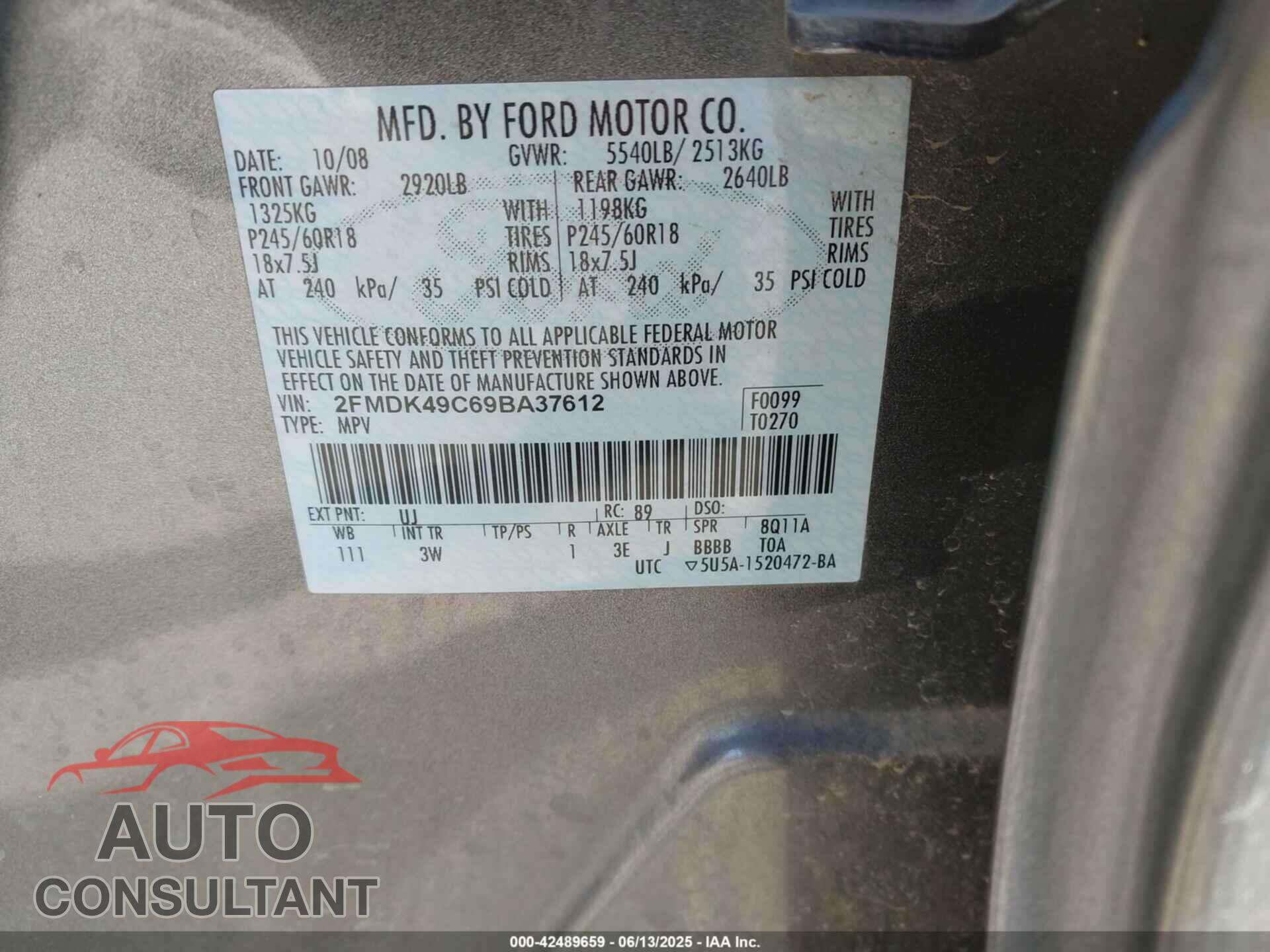 FORD EDGE 2009 - 2FMDK49C69BA37612