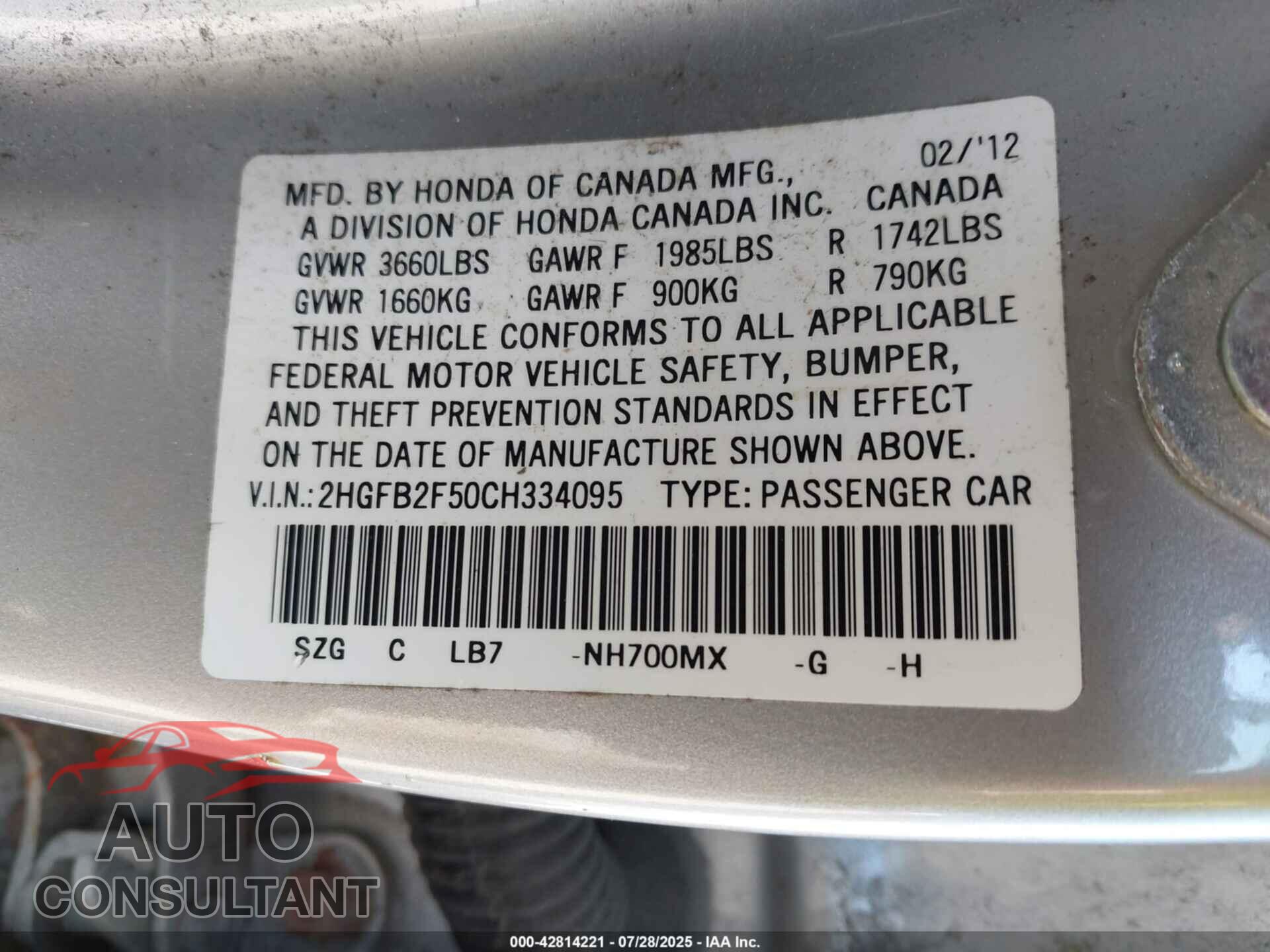 HONDA CIVIC 2012 - 2HGFB2F50CH334095