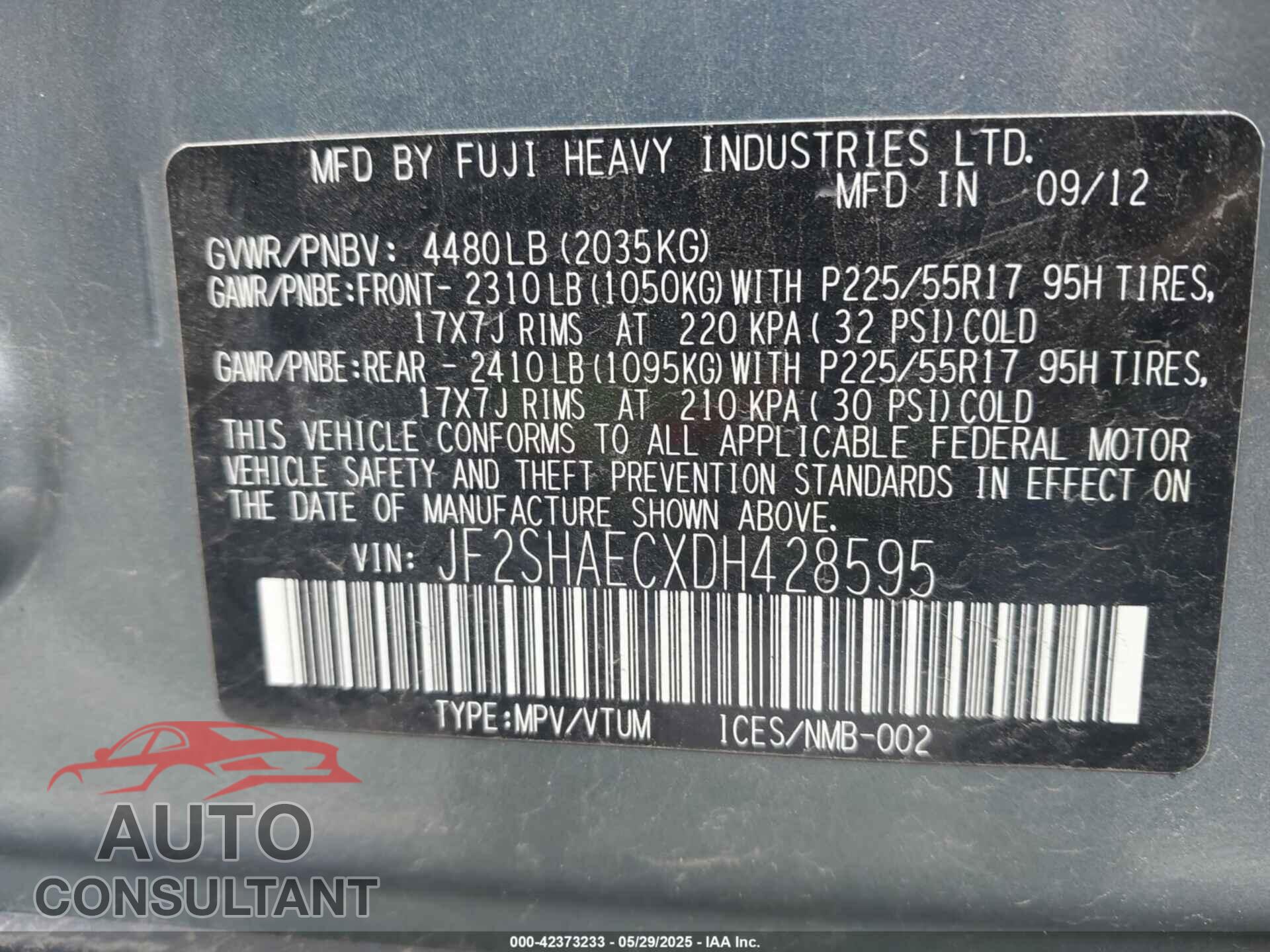 SUBARU FORESTER 2013 - JF2SHAECXDH428595