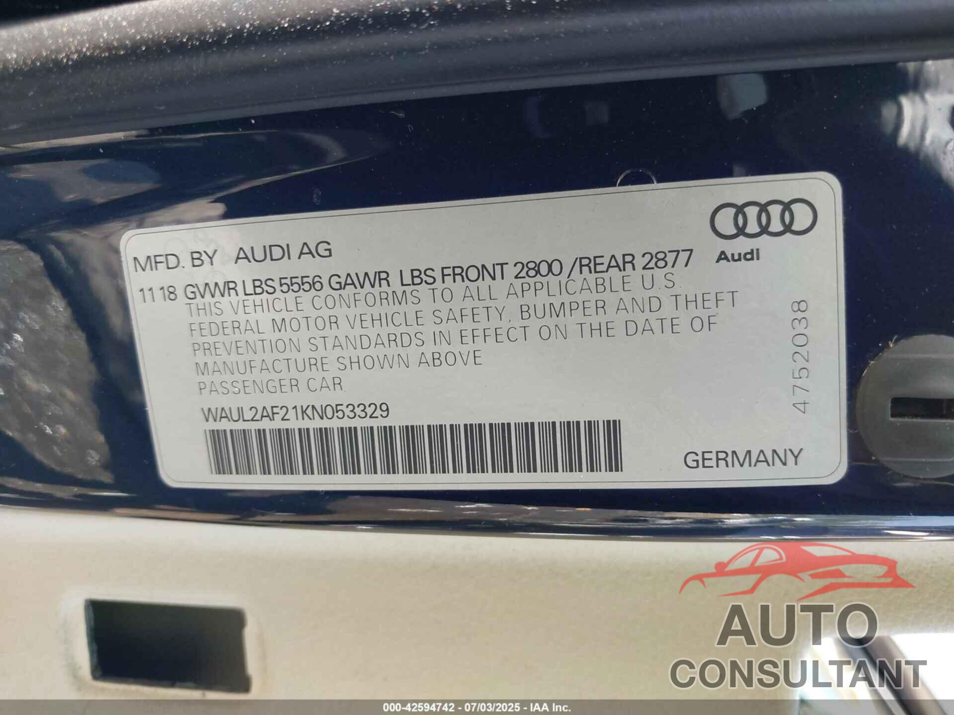 AUDI A6 2019 - WAUL2AF21KN053329