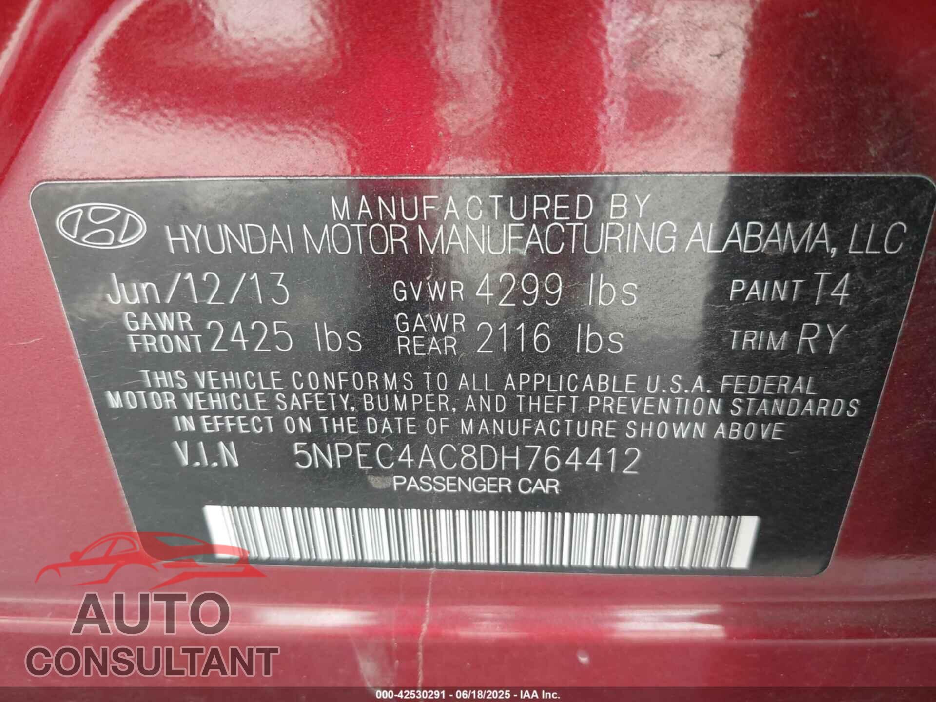HYUNDAI SONATA 2013 - 5NPEC4AC8DH764412