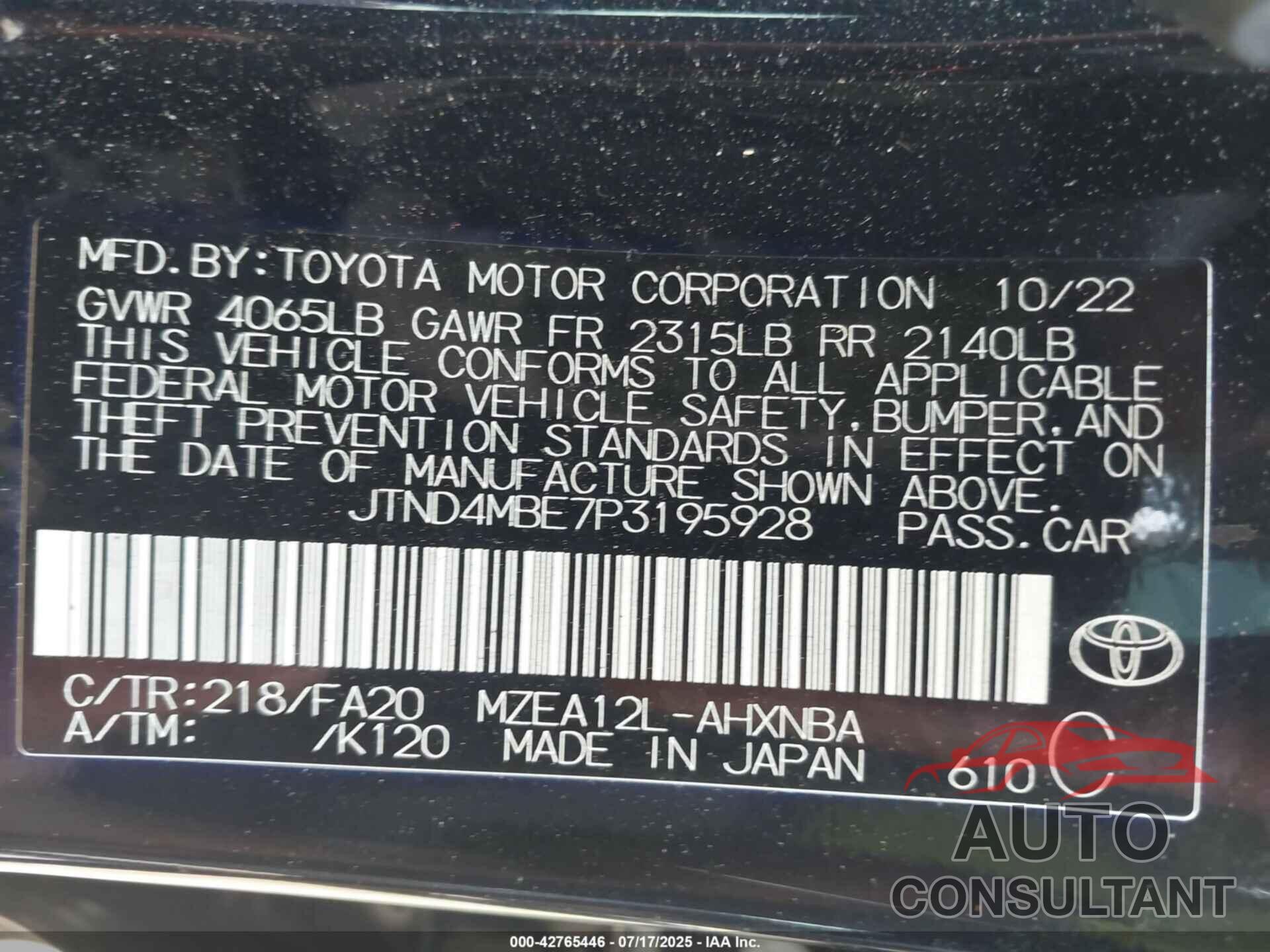 TOYOTA COROLLA 2023 - JTND4MBE7P3195928