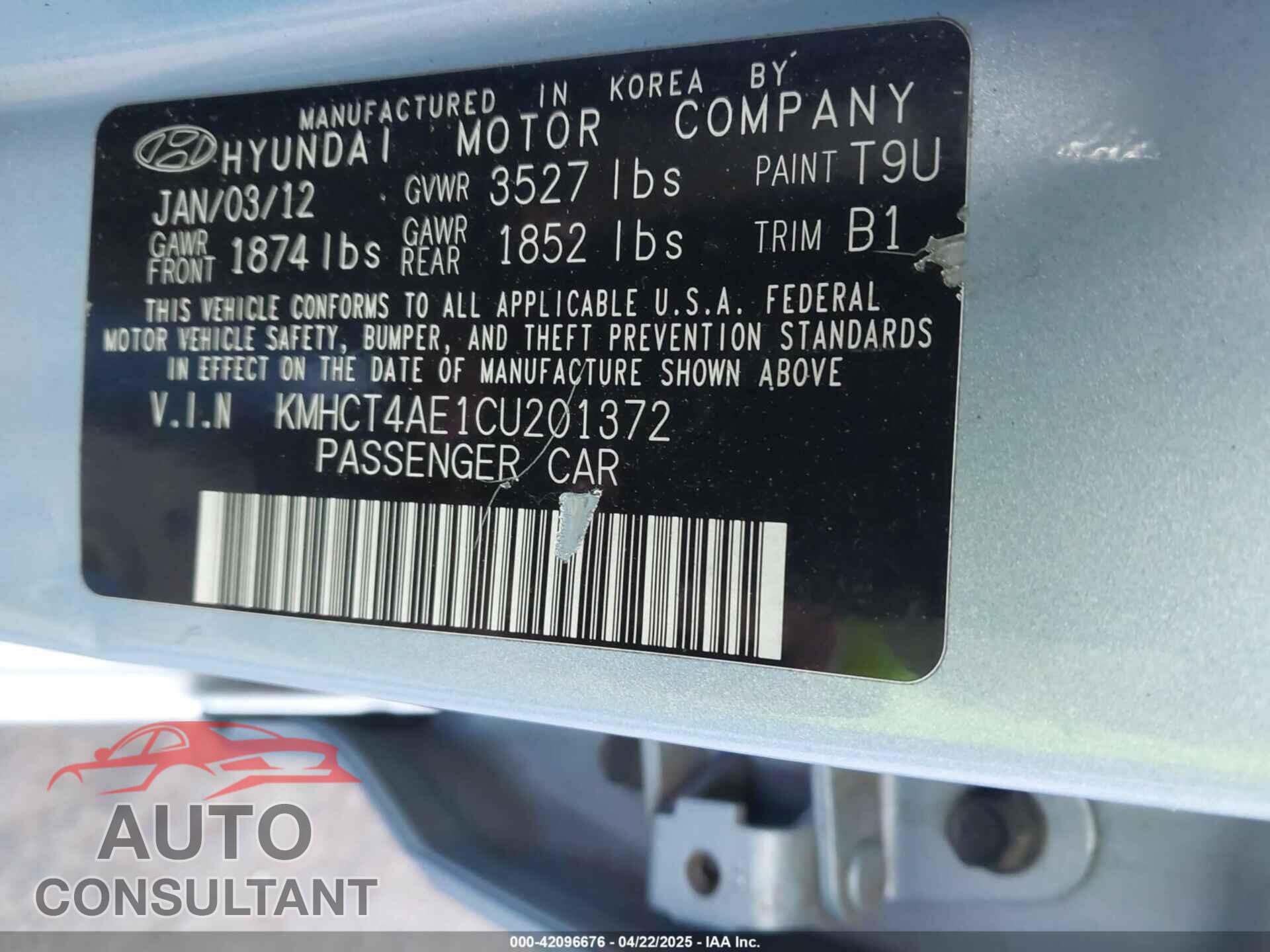 HYUNDAI ACCENT 2012 - KMHCT4AE1CU201372