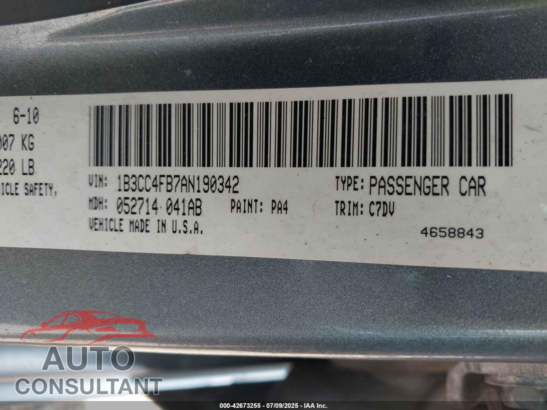DODGE AVENGER 2010 - 1B3CC4FB7AN190342