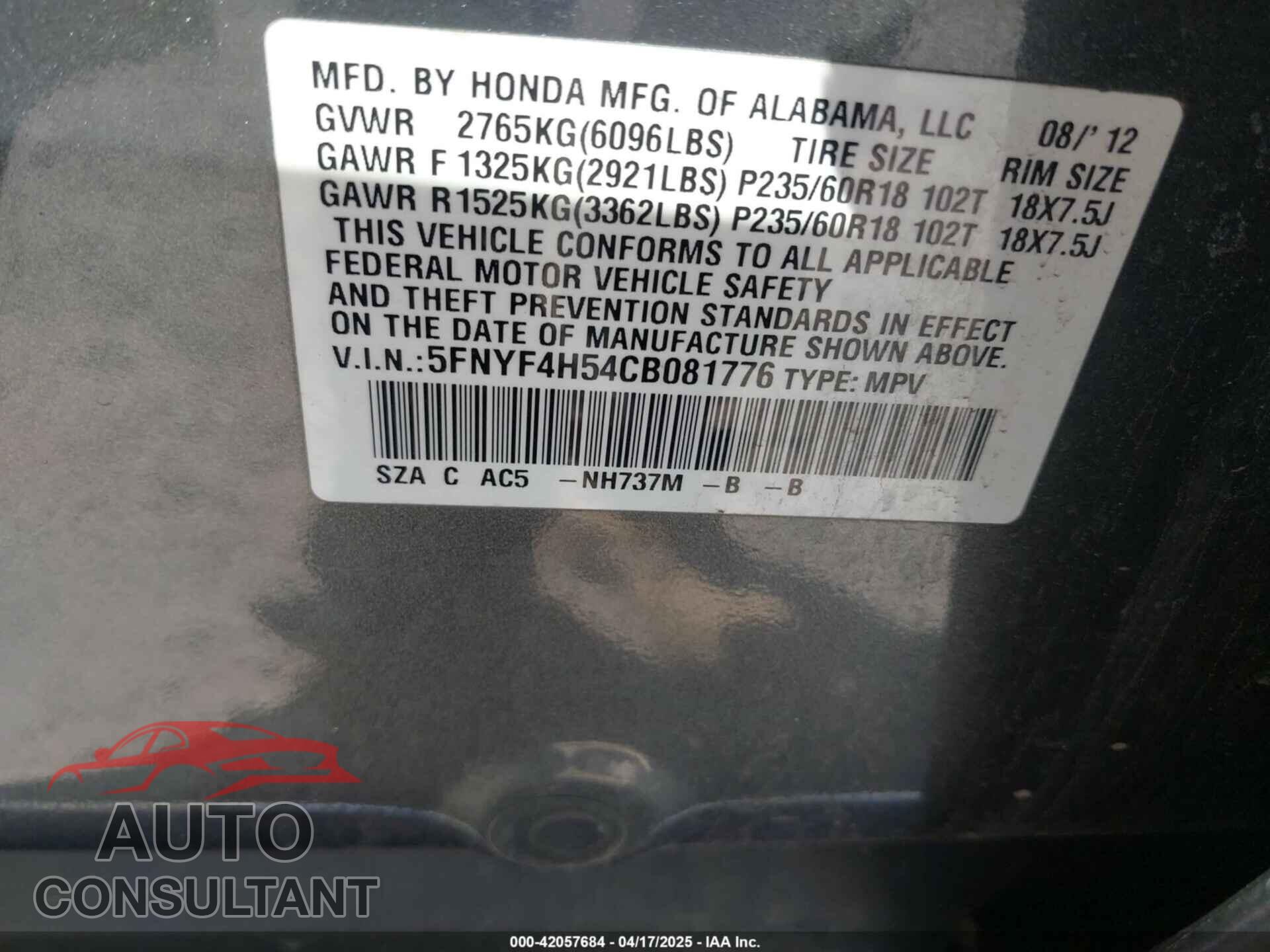 HONDA PILOT 2012 - 5FNYF4H54CB081776