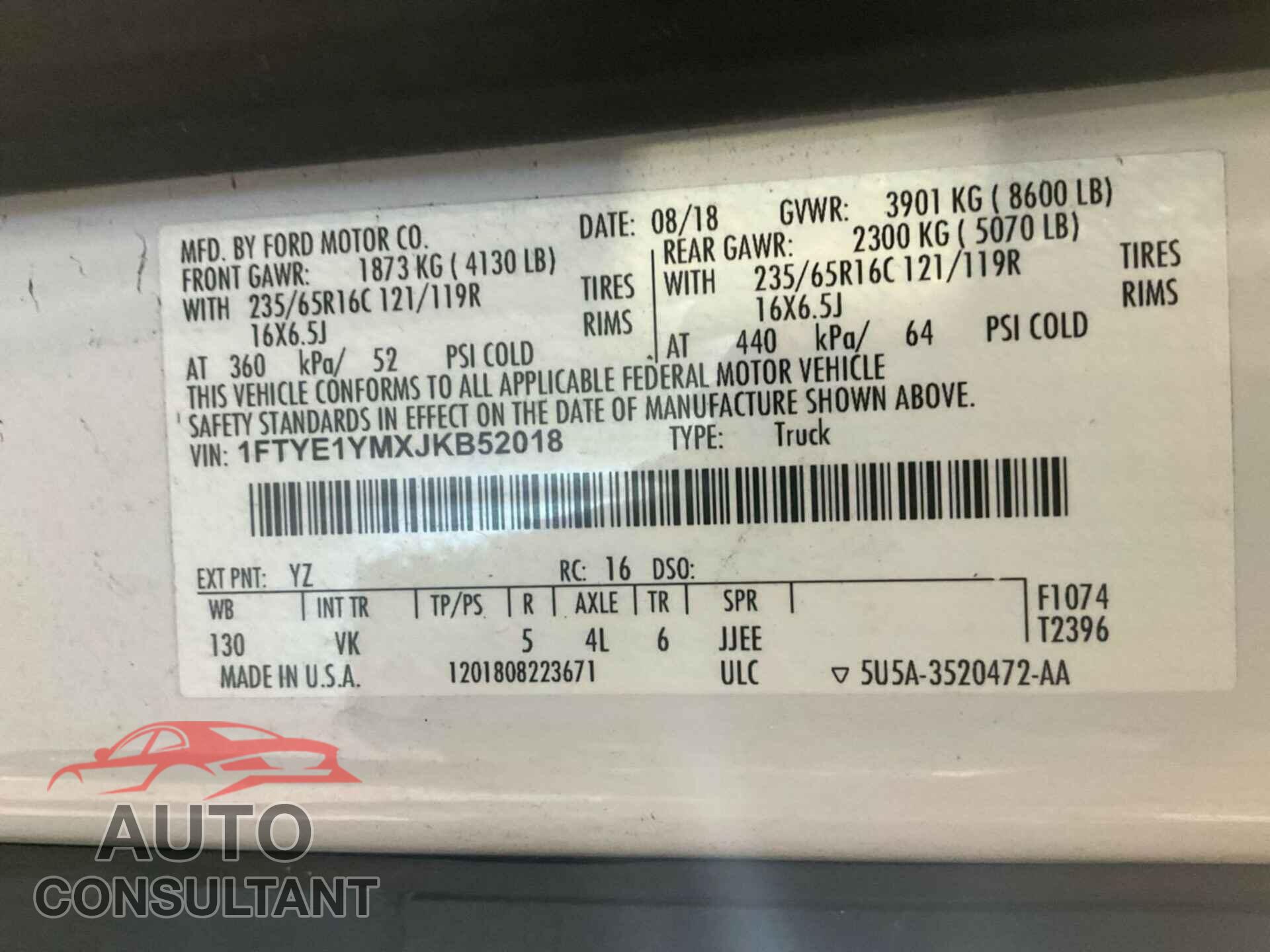 FORD TRANSIT 2018 - 1FTYE1YMXJKB52018