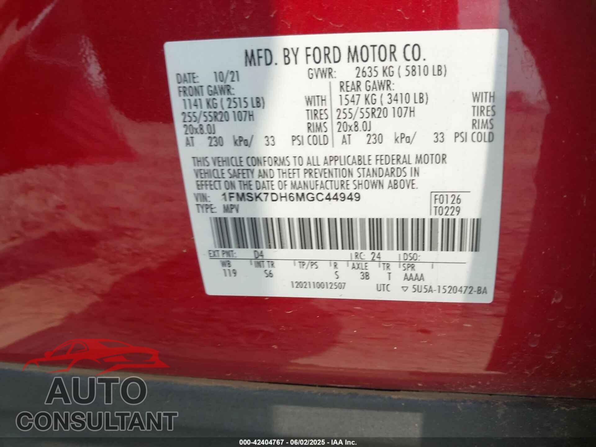 FORD EXPLORER 2021 - 1FMSK7DH6MGC44949