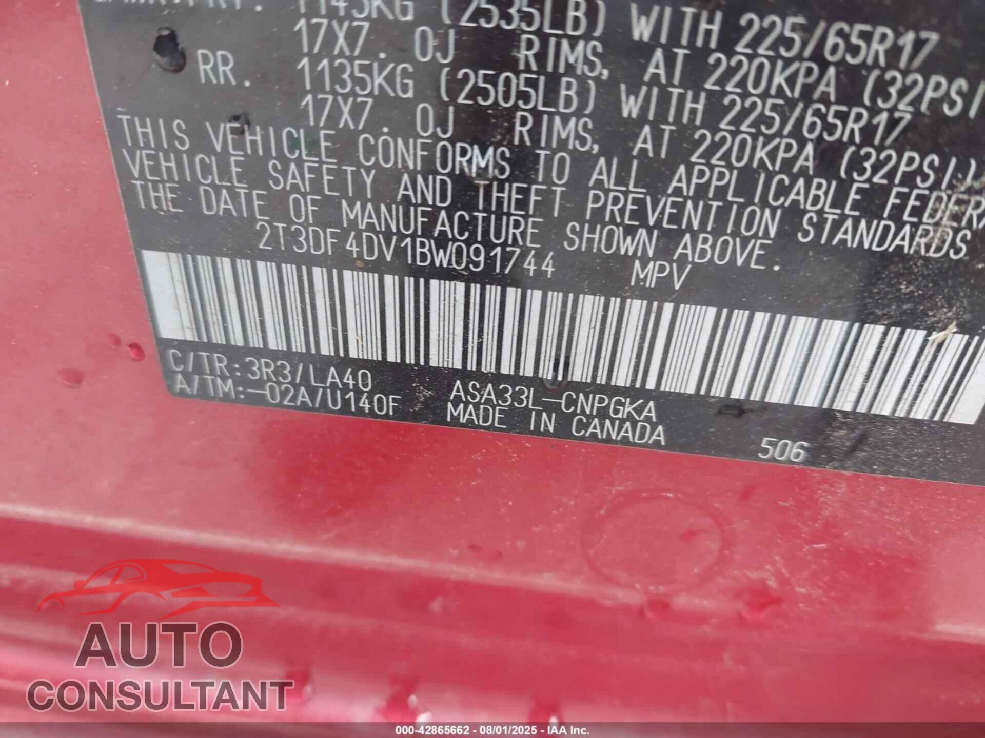TOYOTA RAV4 2011 - 2T3DF4DV1BW091744
