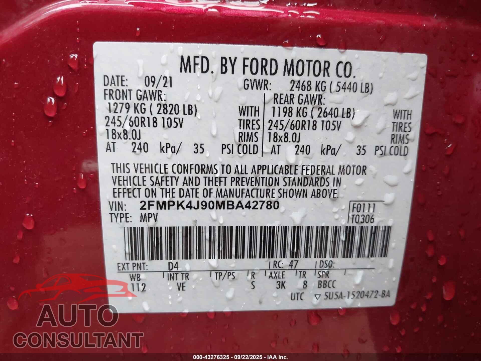 FORD EDGE 2021 - 2FMPK4J90MBA42780