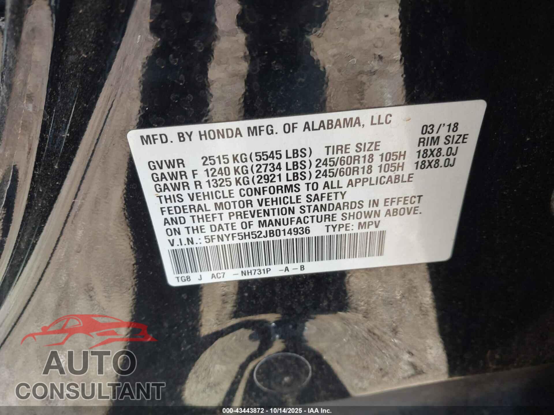 HONDA PILOT 2018 - 5FNYF5H52JB014936