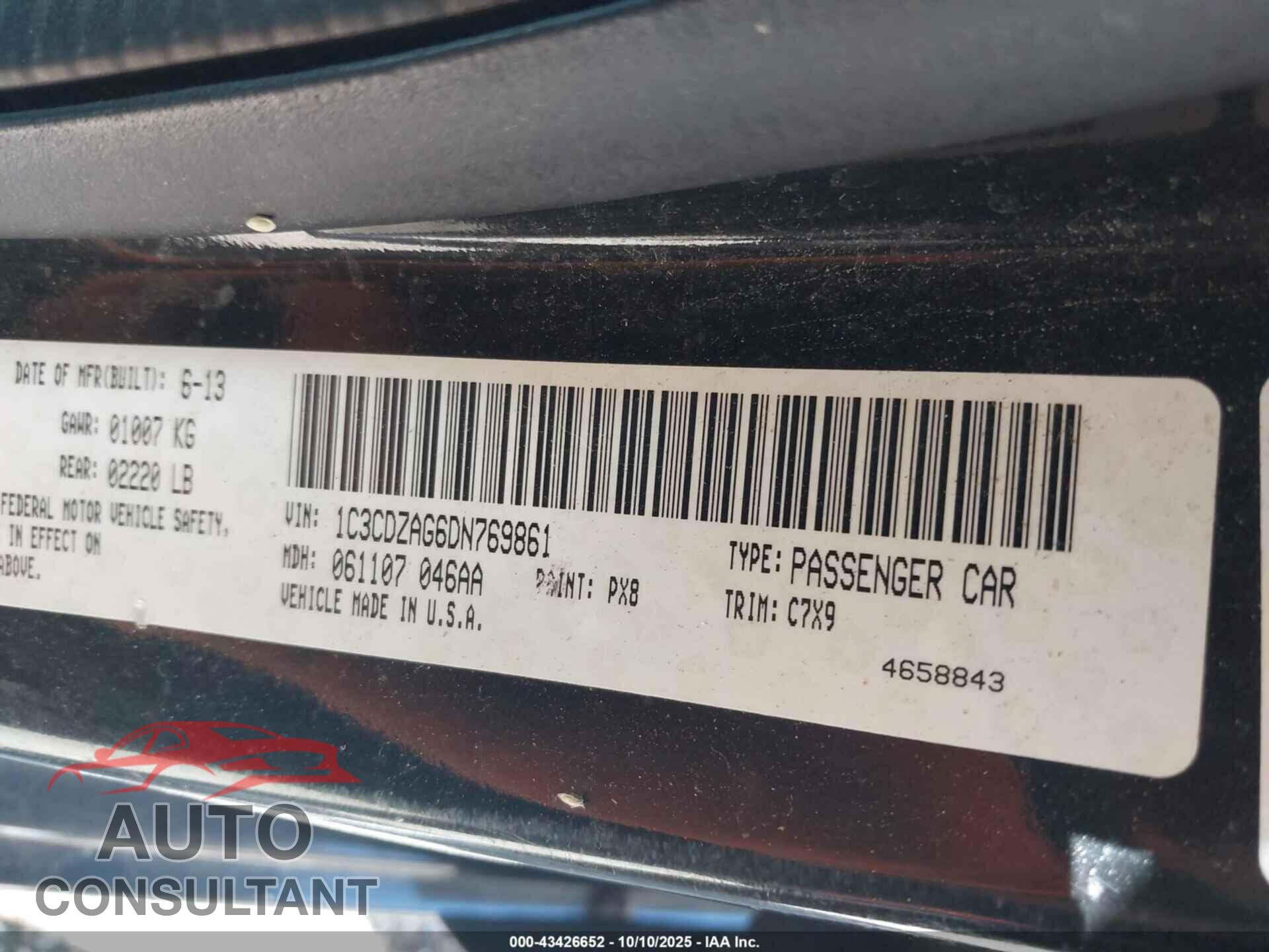 DODGE AVENGER 2013 - 1C3CDZAG6DN769861
