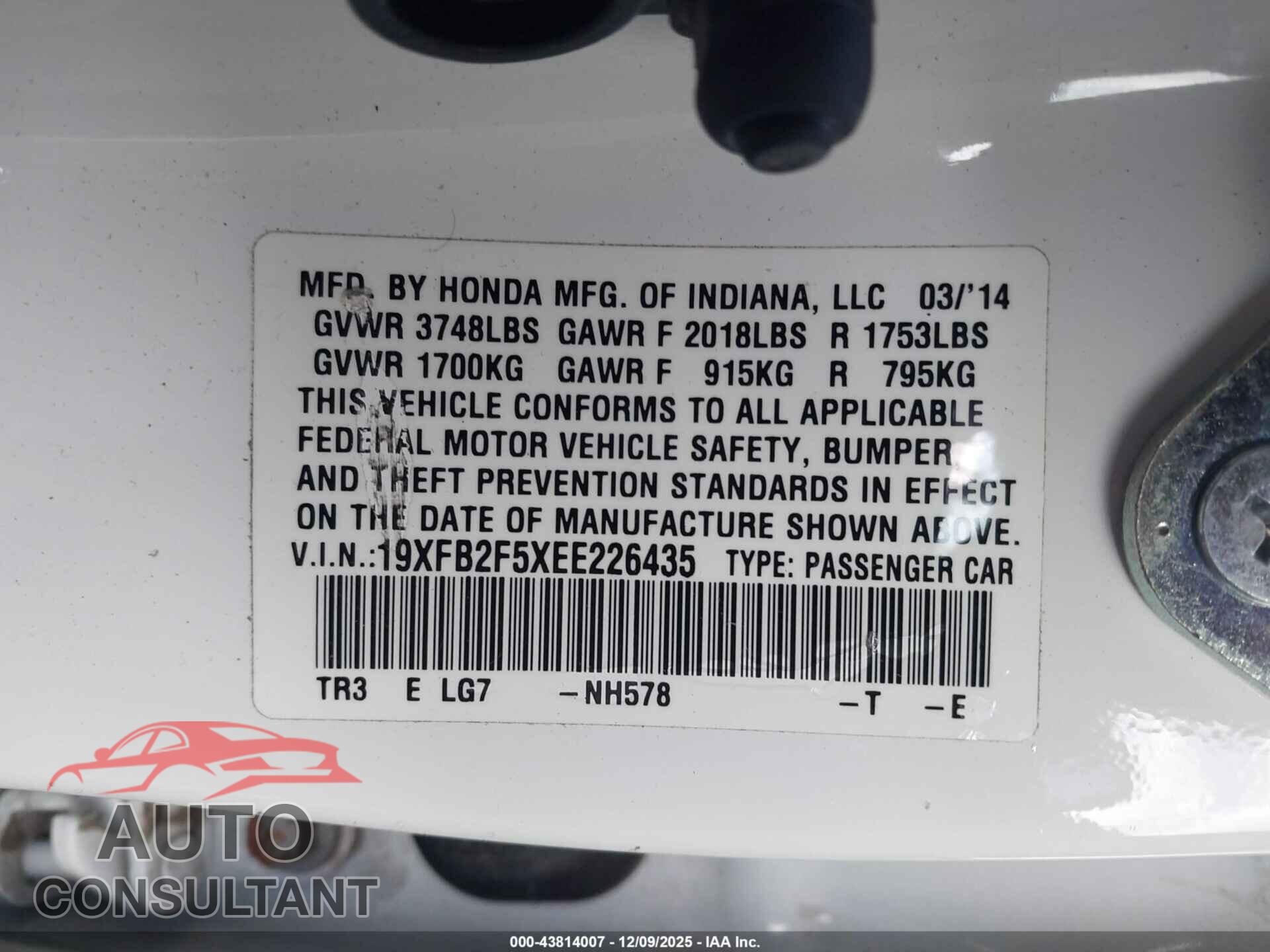 HONDA CIVIC 2014 - 19XFB2F5XEE226435