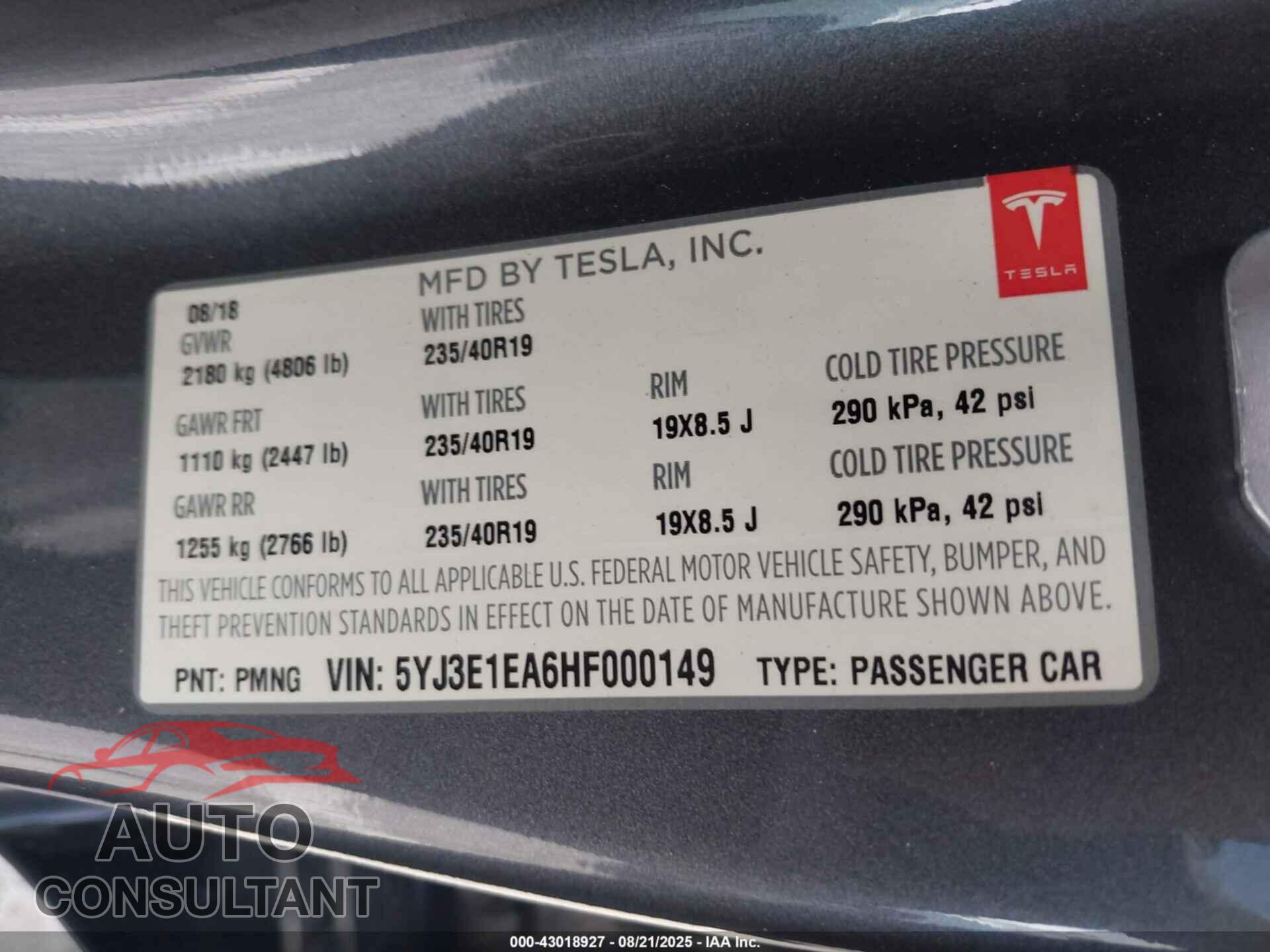 TESLA MODEL 3 2017 - 5YJ3E1EA6HF000149