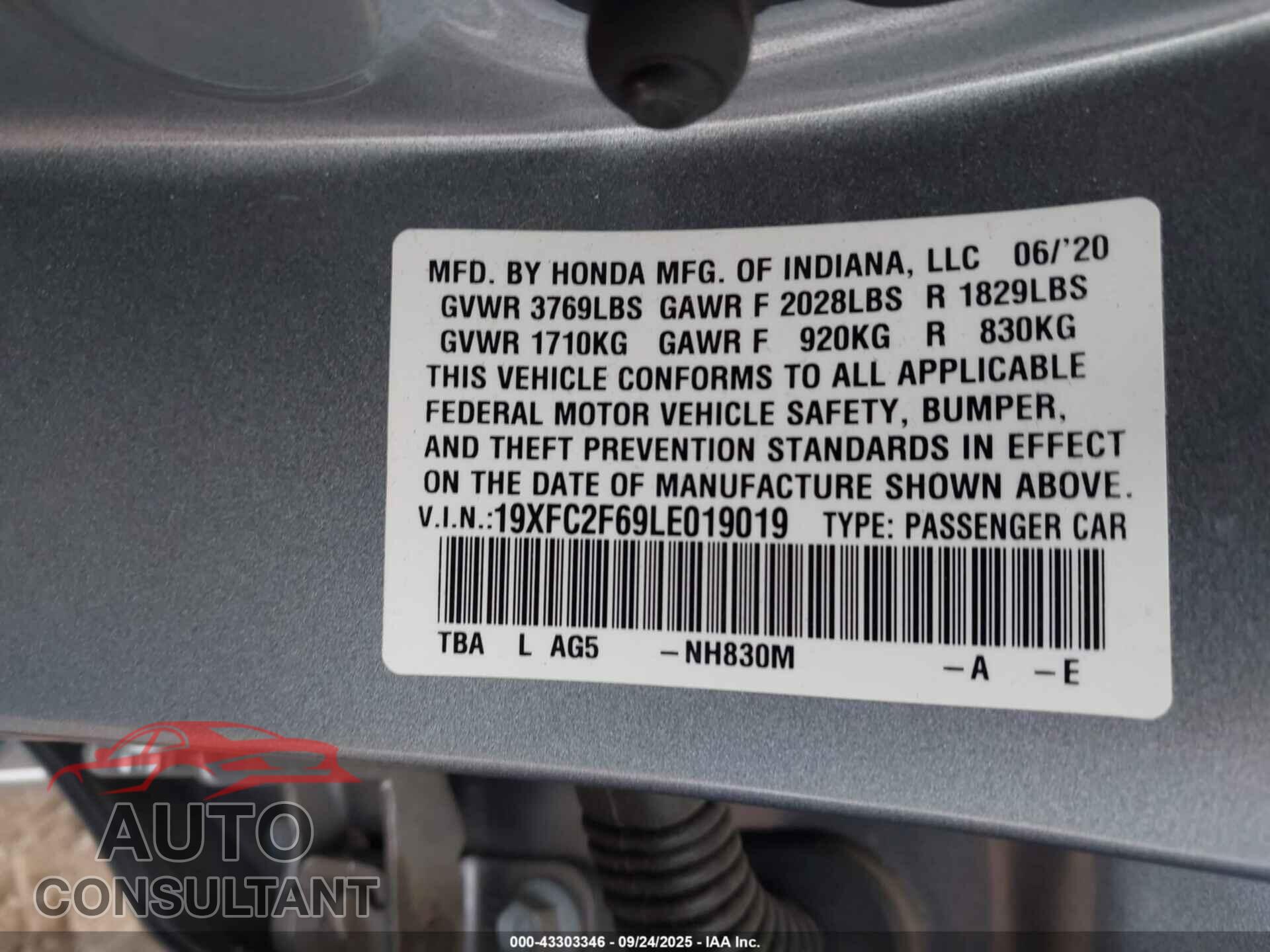 HONDA CIVIC 2020 - 19XFC2F69LE019019