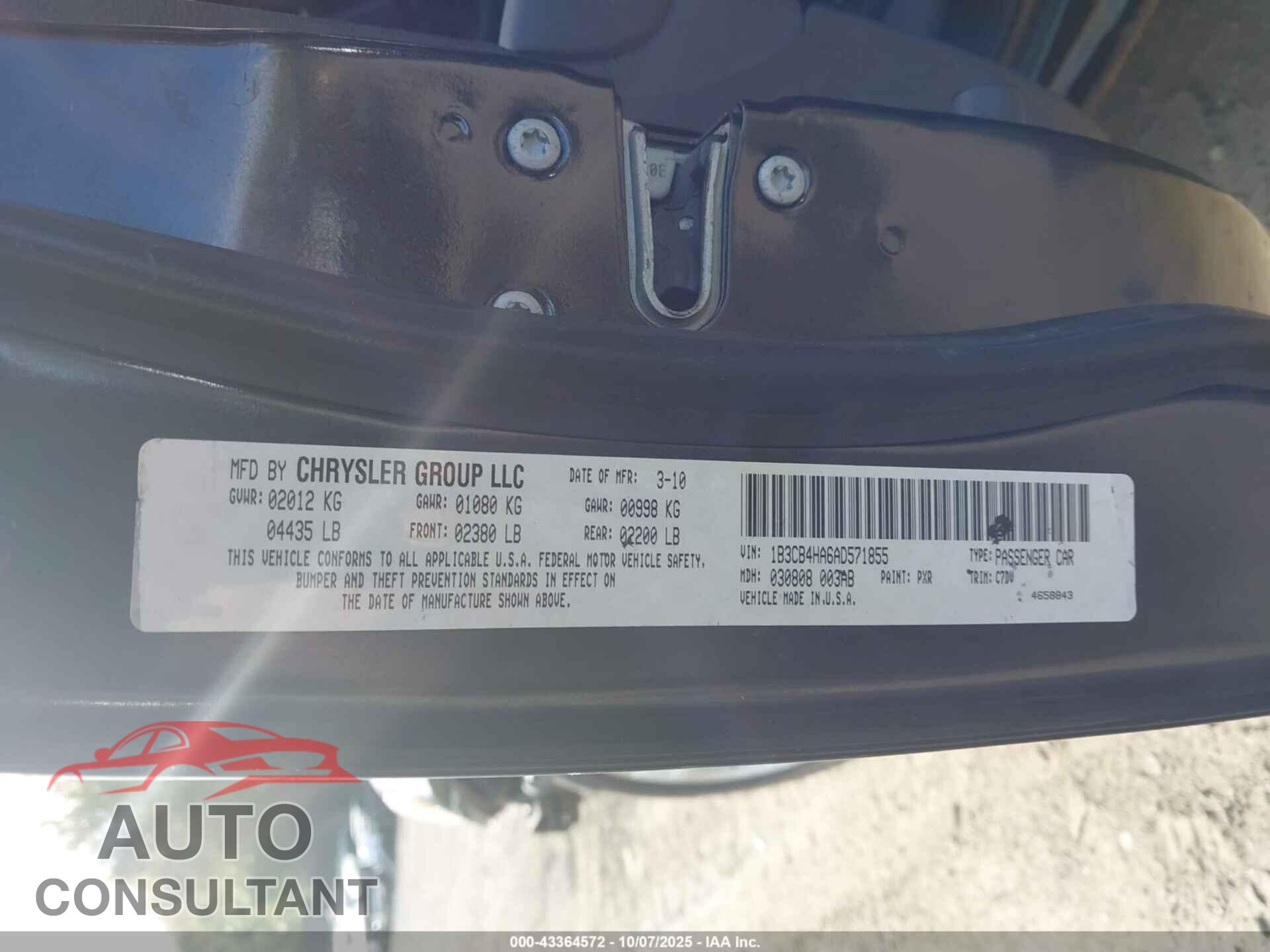 DODGE CALIBER 2010 - 1B3CB4HA6AD571855