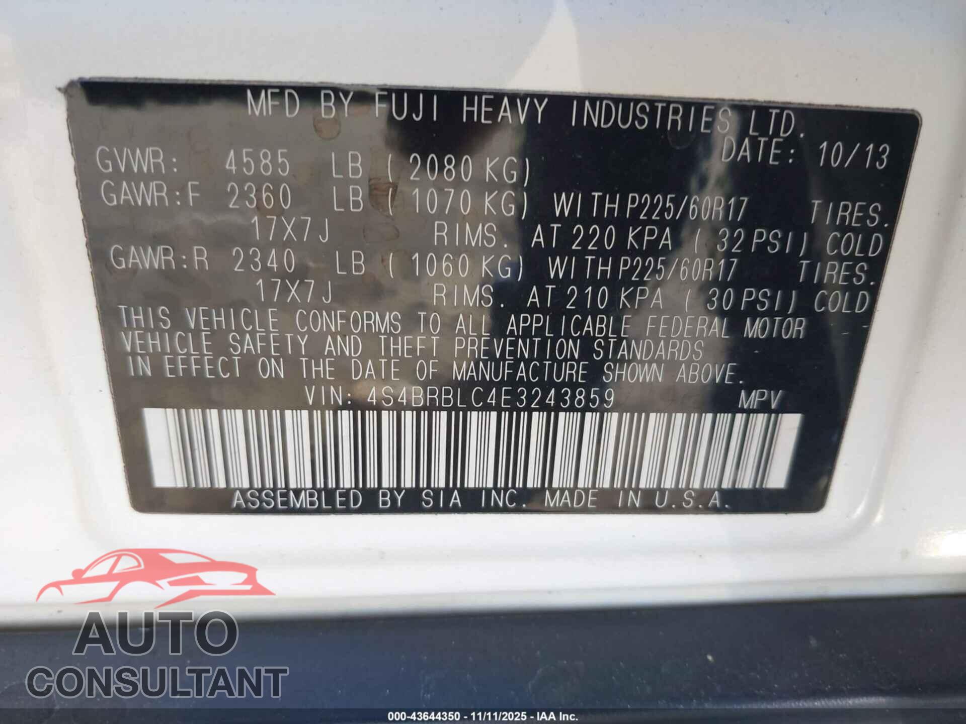 SUBARU OUTBACK 2014 - 4S4BRBLC4E3243859