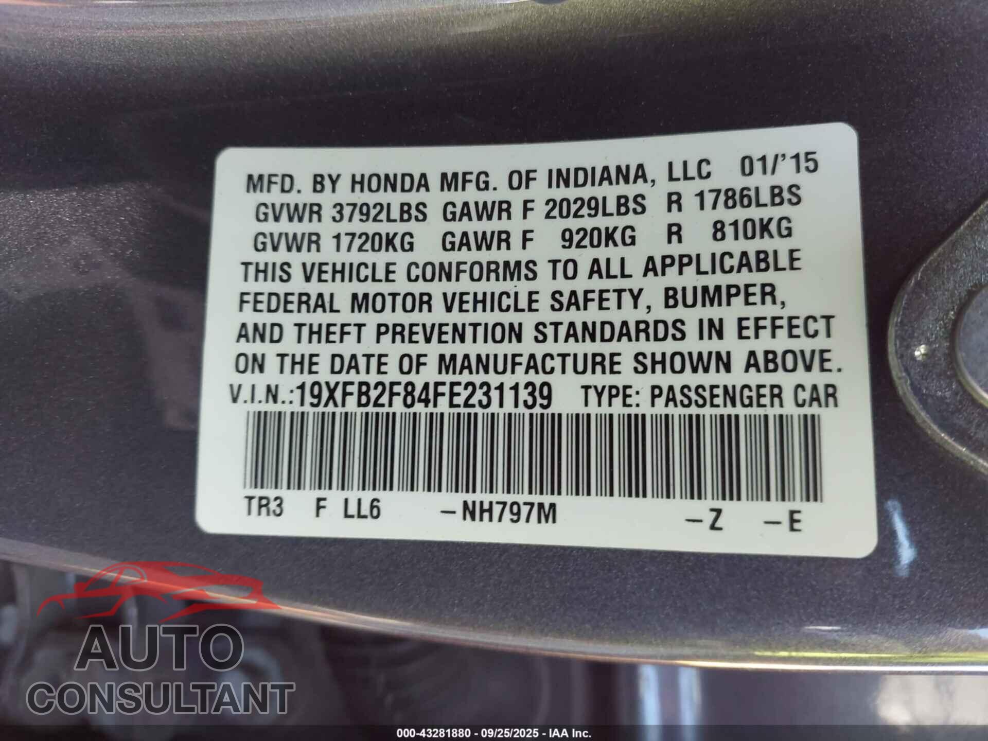 HONDA CIVIC 2015 - 19XFB2F84FE231139
