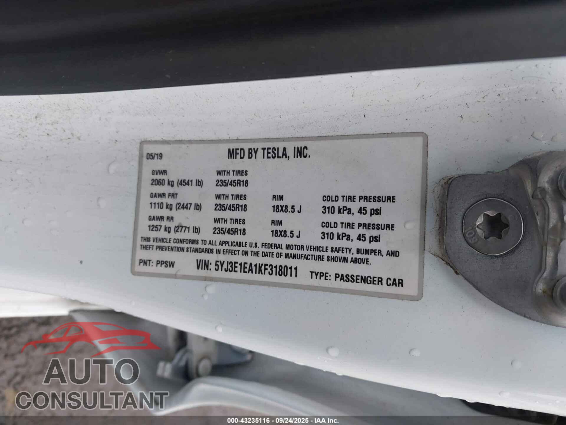 TESLA MODEL 3 2019 - 5YJ3E1EA1KF318011