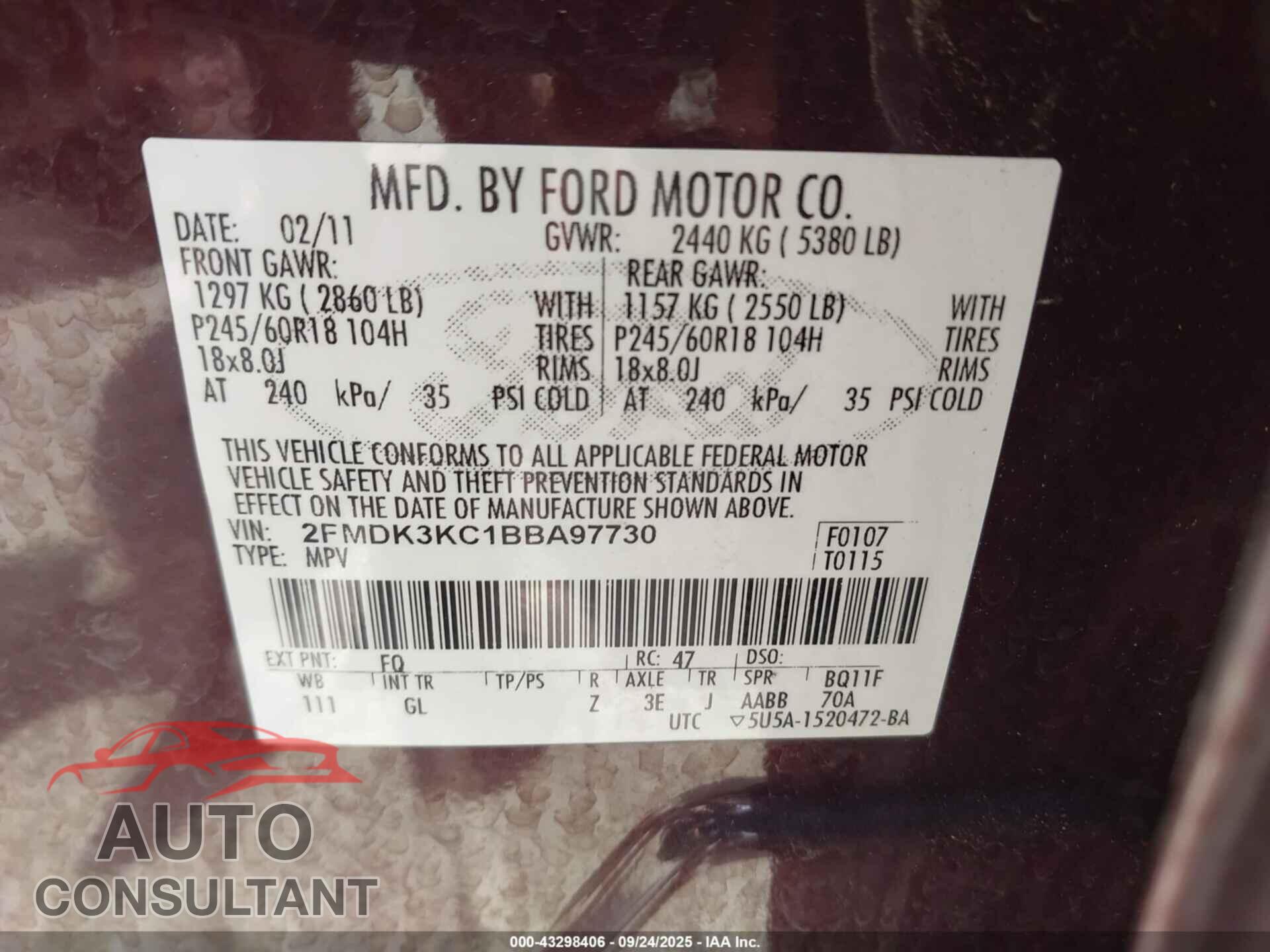 FORD EDGE 2011 - 2FMDK3KC1BBA97730