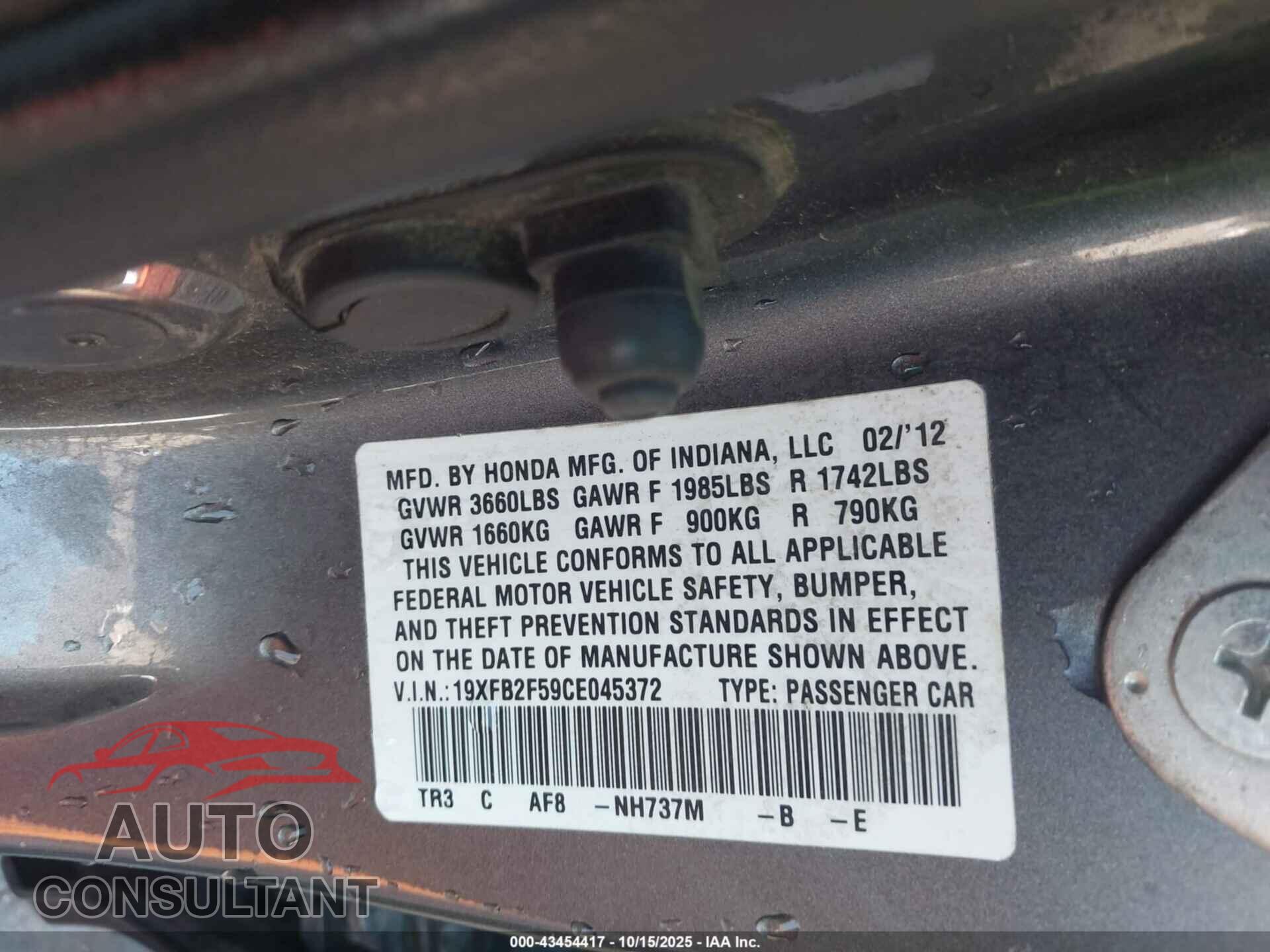 HONDA CIVIC 2012 - 19XFB2F59CE045372
