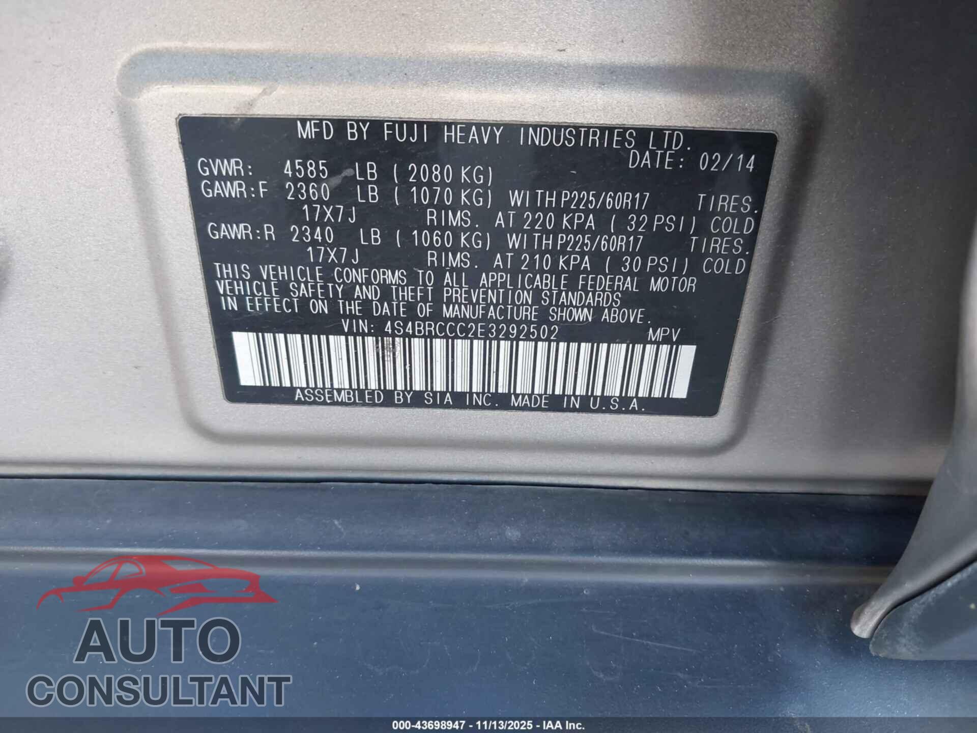 SUBARU OUTBACK 2014 - 4S4BRCCC2E3292502