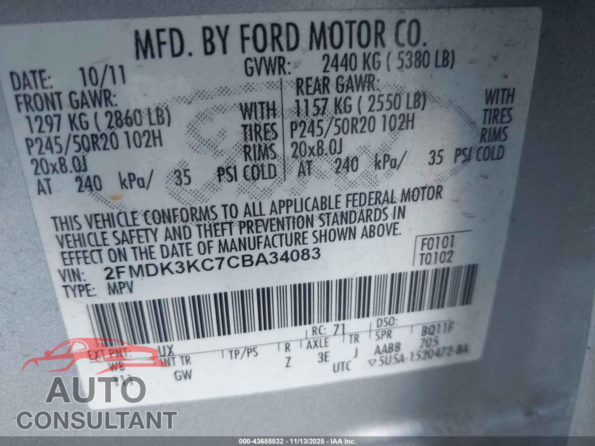 FORD EDGE 2012 - 2FMDK3KC7CBA34083