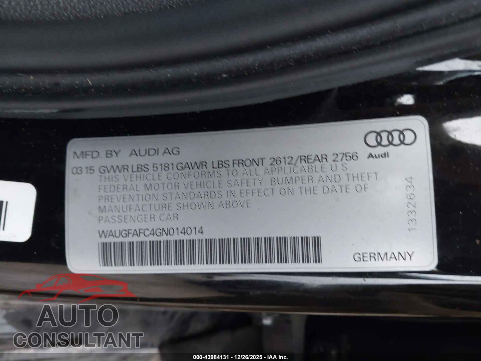 AUDI A6 2016 - WAUGFAFC4GN014014