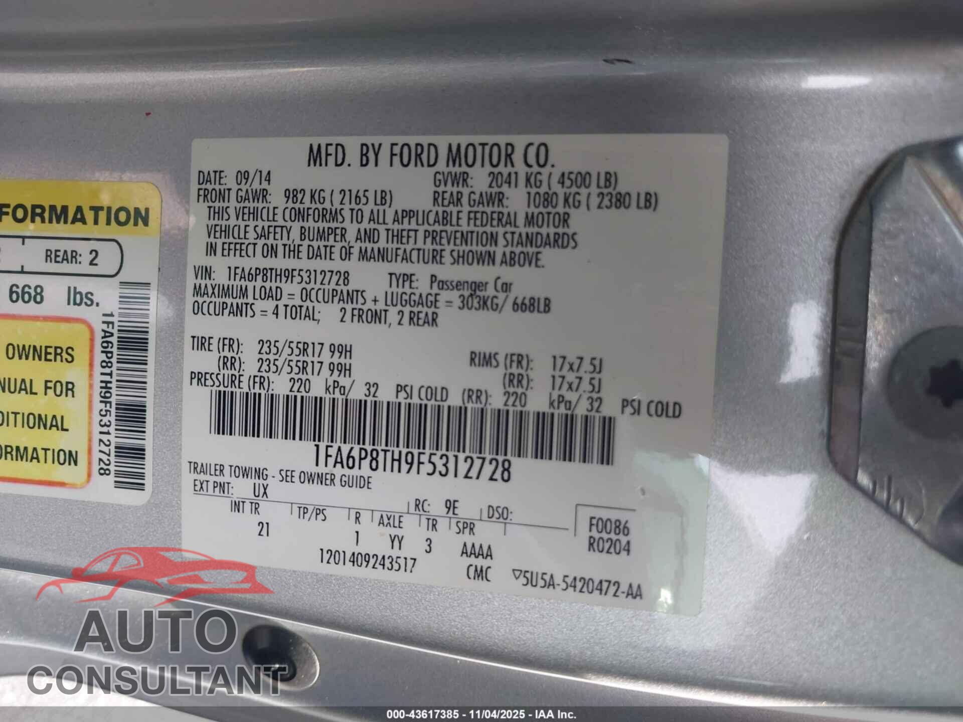 FORD MUSTANG 2015 - 1FA6P8TH9F5312728