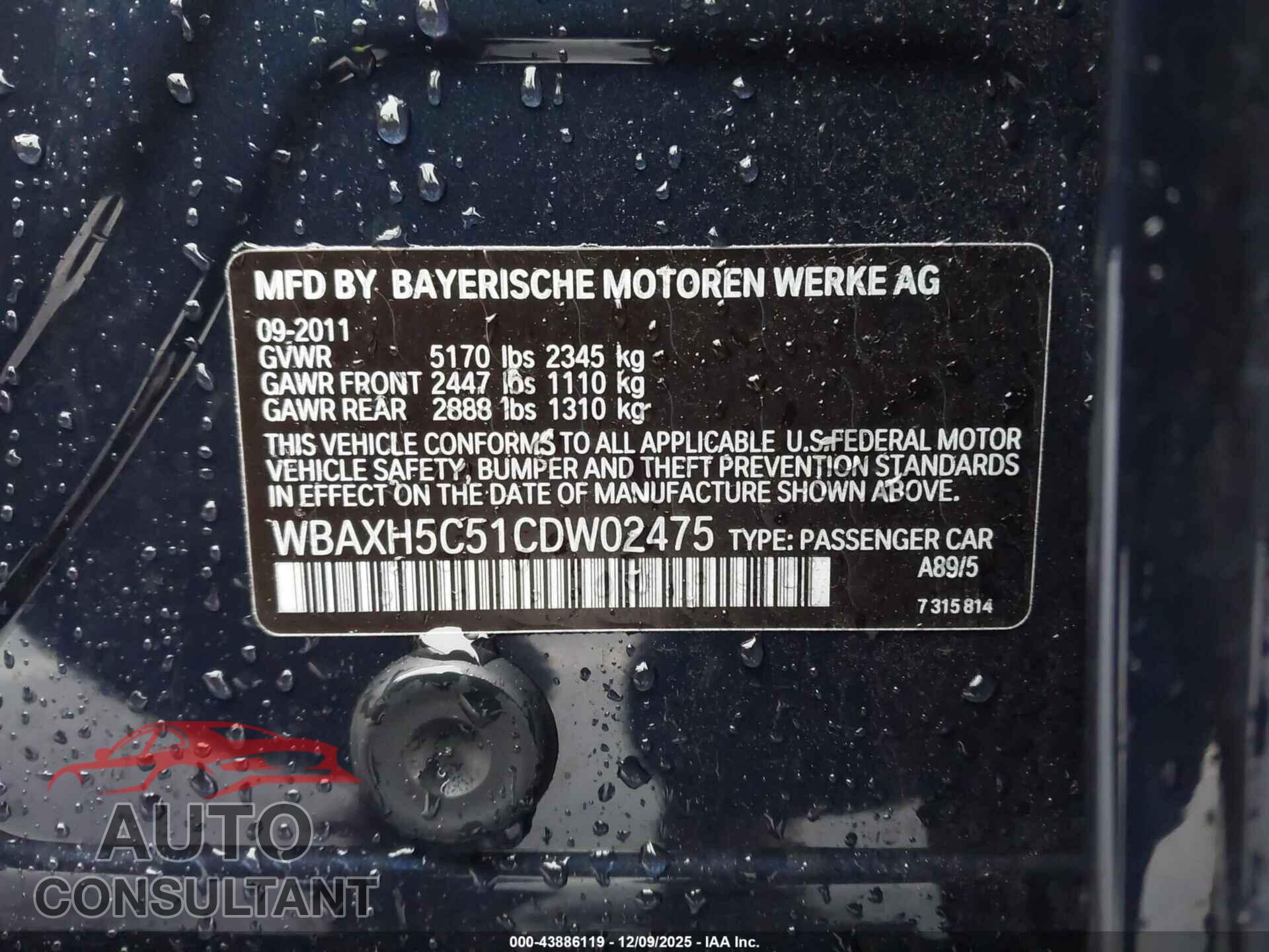 BMW 528I 2012 - WBAXH5C51CDW02475